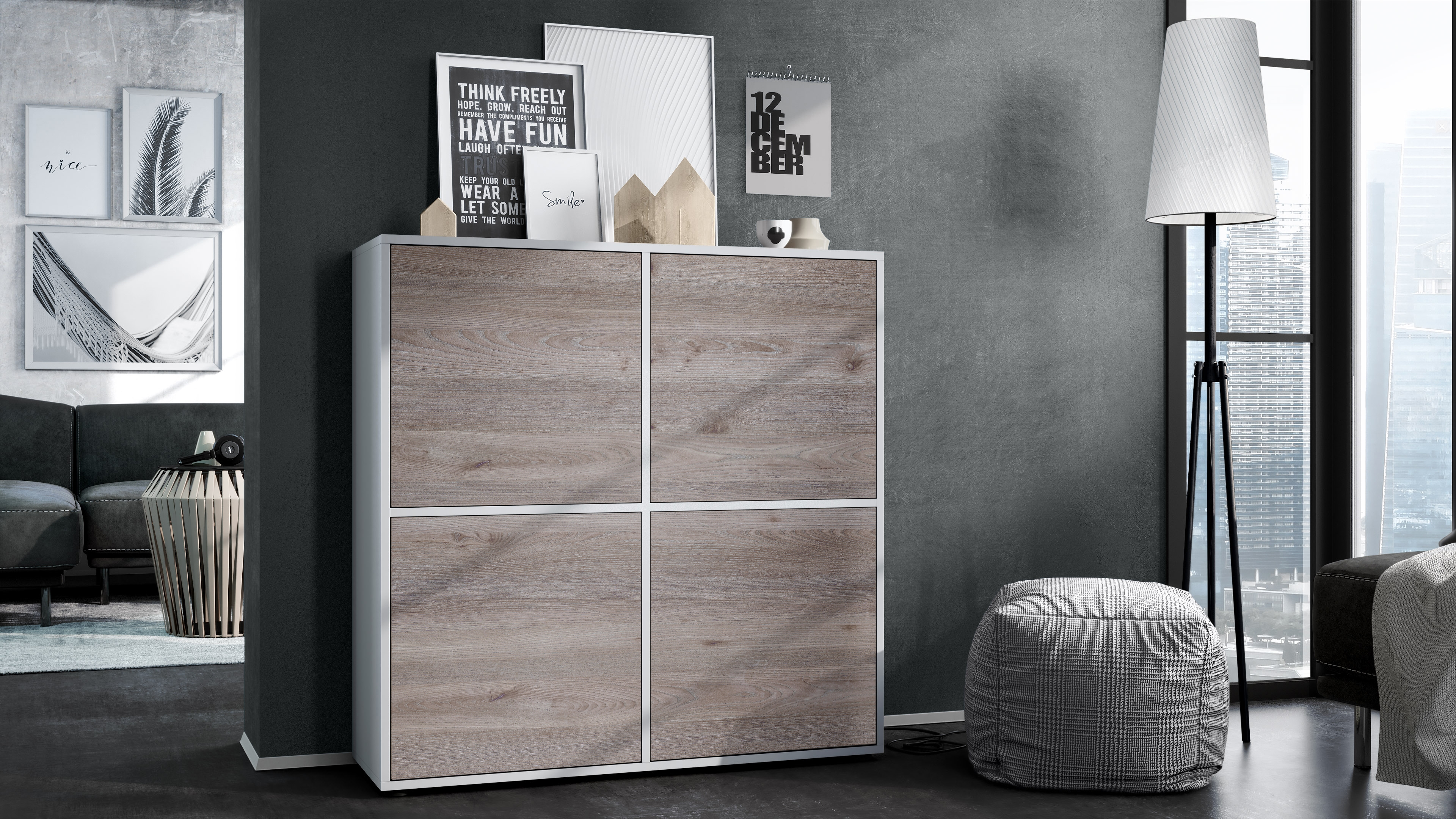 Highboard Cuba V2 Sideboard mit 4 Türen Push-to-Open, Made in Germany Weiß matt / Eiche Nordic (104 x 105,5 x 35,5 cm)