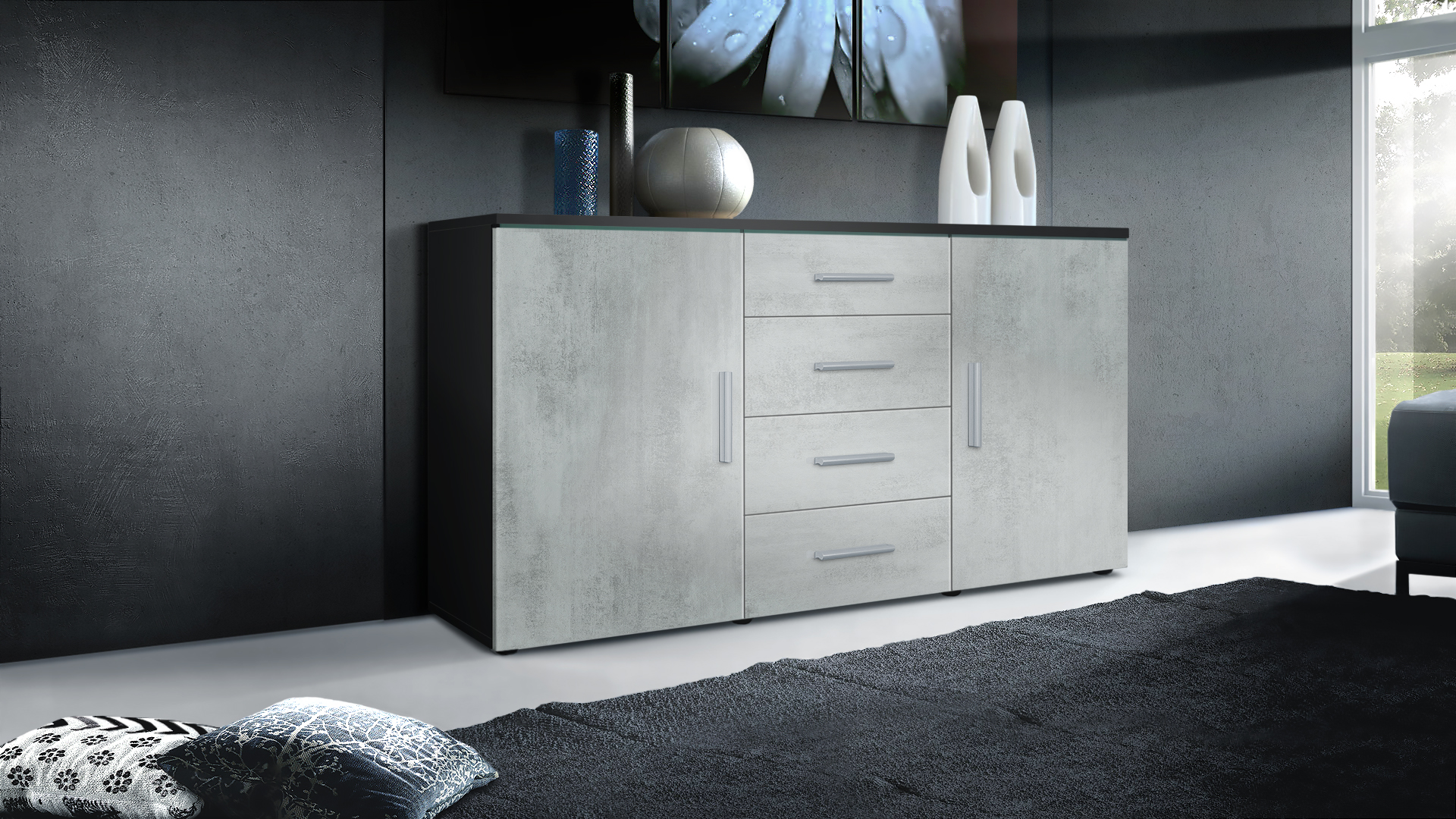 Sideboard Faro mit 2 Türen und 4 Schubladen Schwarz matt/Beton Oxid Optik (139 x 72 x 35)