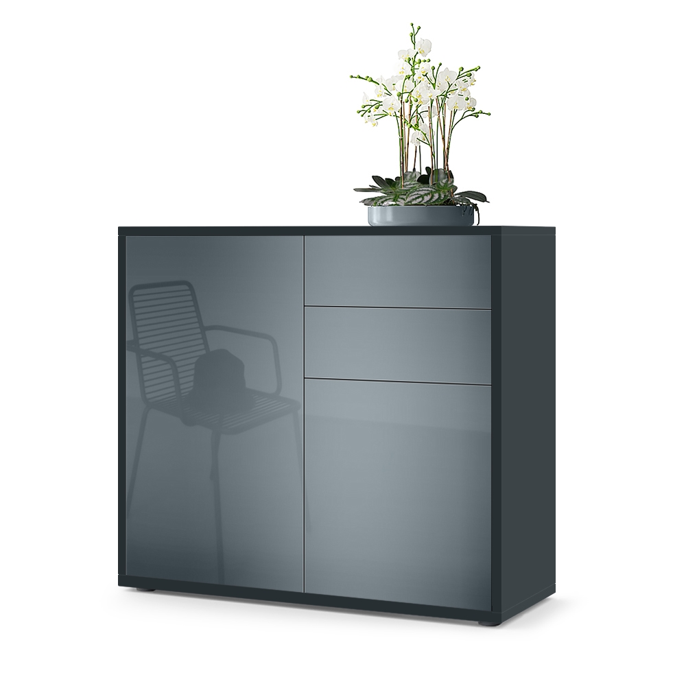 Kommode Ben  mit 2 Türen und 2 Schubladen Schwarz matt/Grau Hochglanz (79 x 74 x 36 cm)