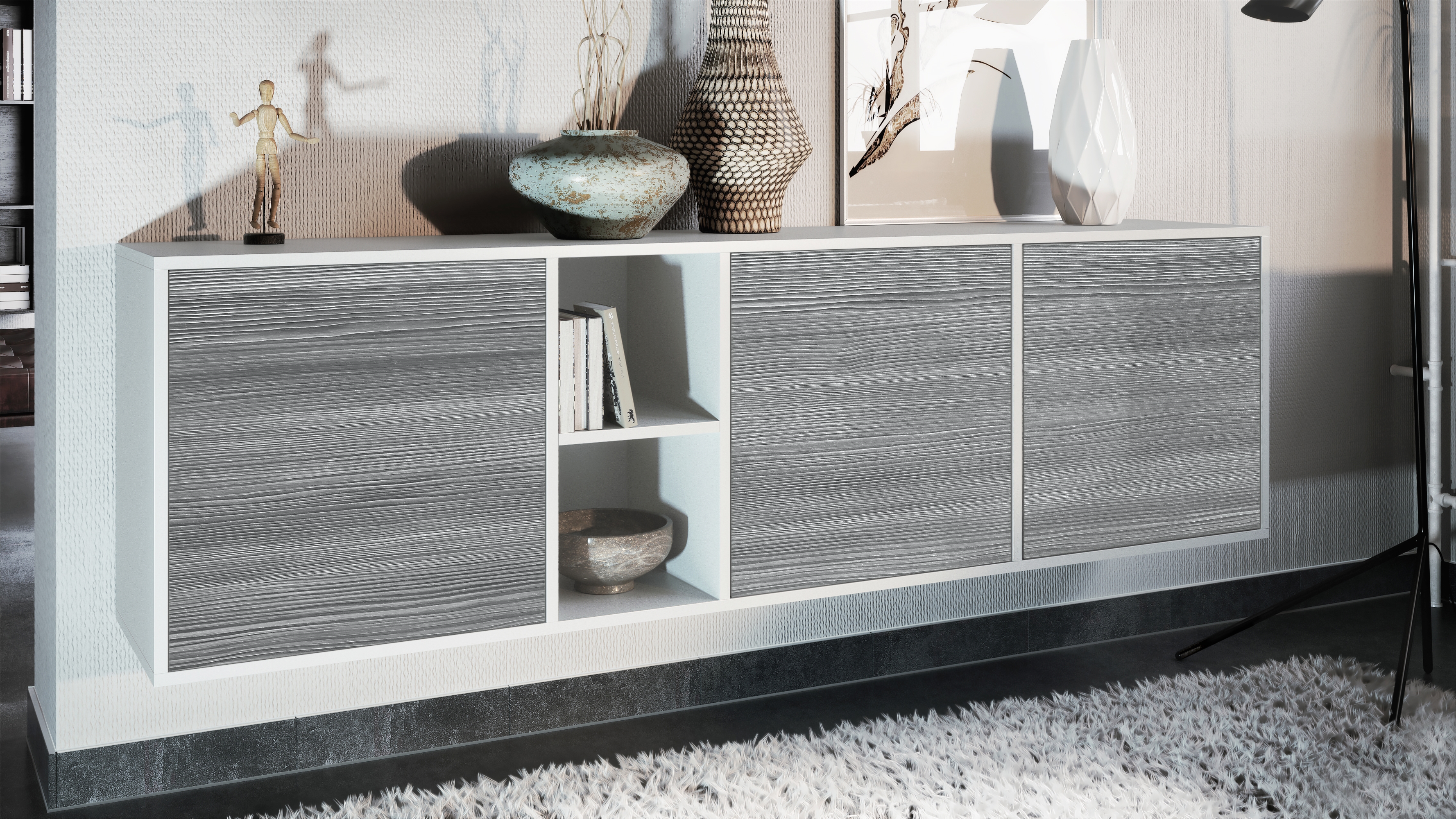 Sideboard Cuba  mit 3 Türen und 2 offene Fächer Weiß matt/Avola-Anthrazit (182 x 53 x 35 cm)