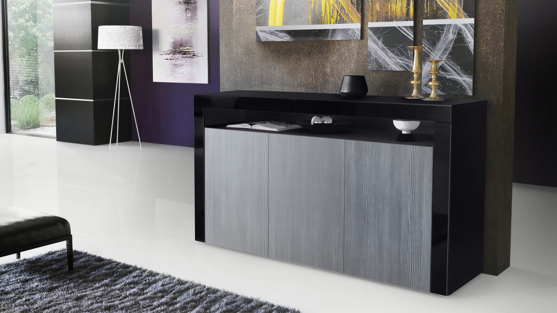 Sideboard Valencia mit 3 Türen und 1 offenem Fach Schwarz matt/Avola-Anthrazit/Schwarz Hochglanz (155 x 92 x 40 cm)