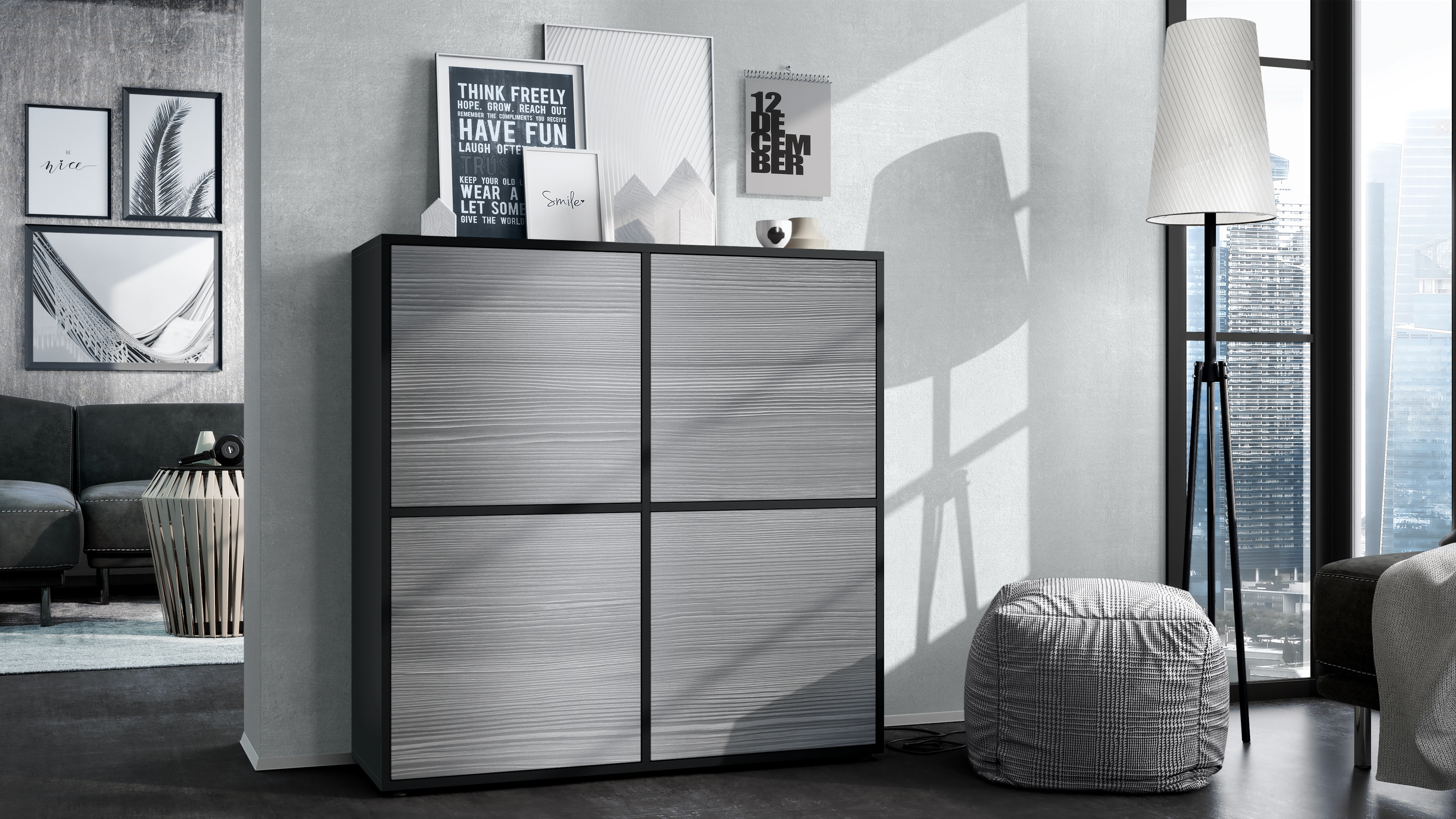 Highboard Cuba V2 Sideboard mit 4 Push-to-Open Türen, Made in Germany Schwarz matt / Avola-Anthrazit (104 x 105,5 x 35,5 cm)