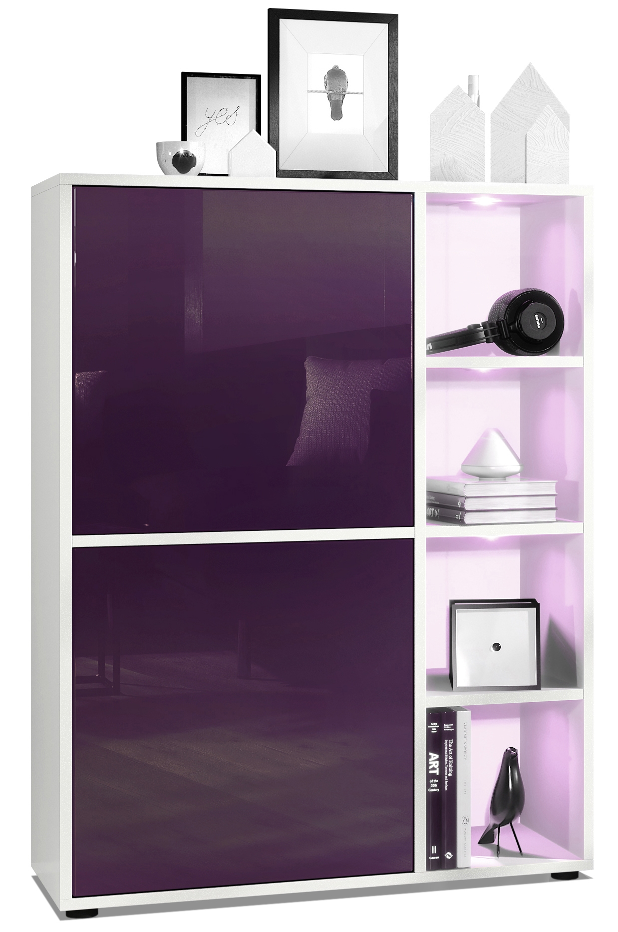 Highboard Cuba und 4 offene Fächer inkl. RGB LED Beleuchtung Weiß matt/Brombeer Hochglanz (79 x 105,5 x 35,5 cm)