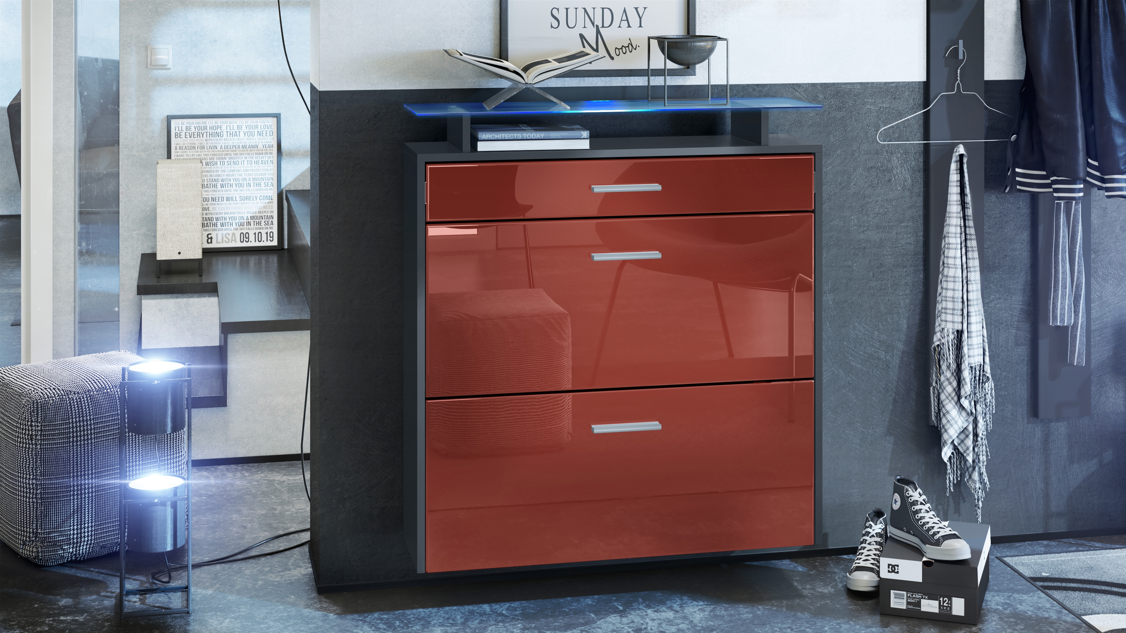 Schuhschrank Malea mit 2 Klappen und 1 Schublade und Glasablage Anthrazit matt/Bordeaux glänzend, mit Beleuchtung blau (89x96x23 cm)