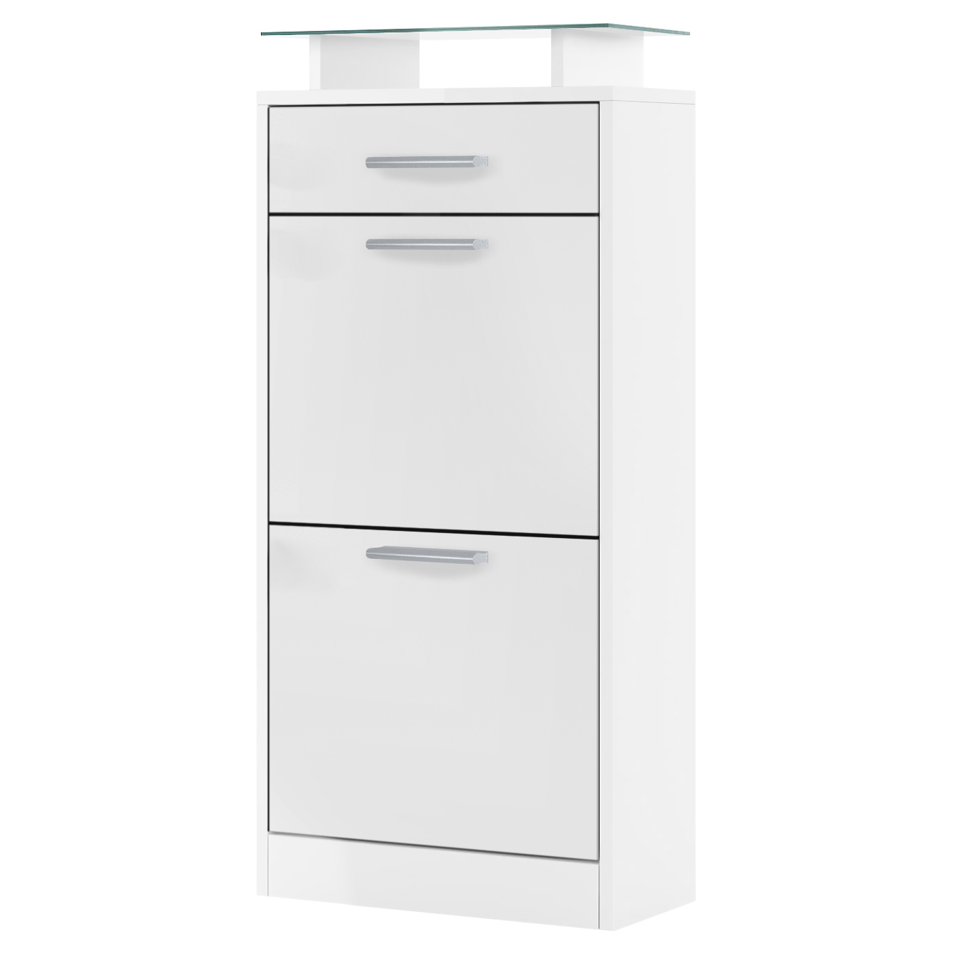 Schuhschrank Loret V2 mit 2 Klappen, 1 Schublade und Glasablage Weiß matt (46 x 104 x 23 cm)