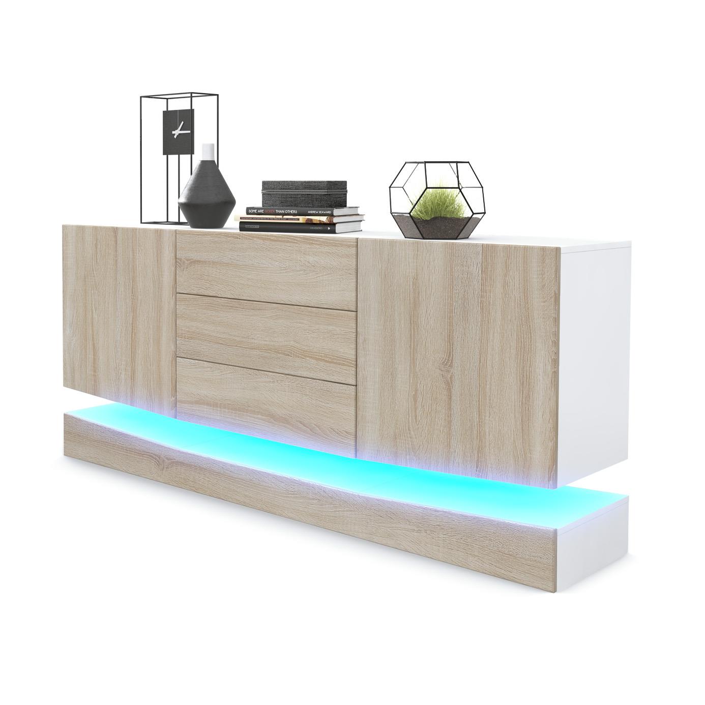 Sideboard City und 3 Schubladen inkl. LED-Beleuchtung,  Weiß matt/Eiche sägerau (178 x 72 x 38 cm)