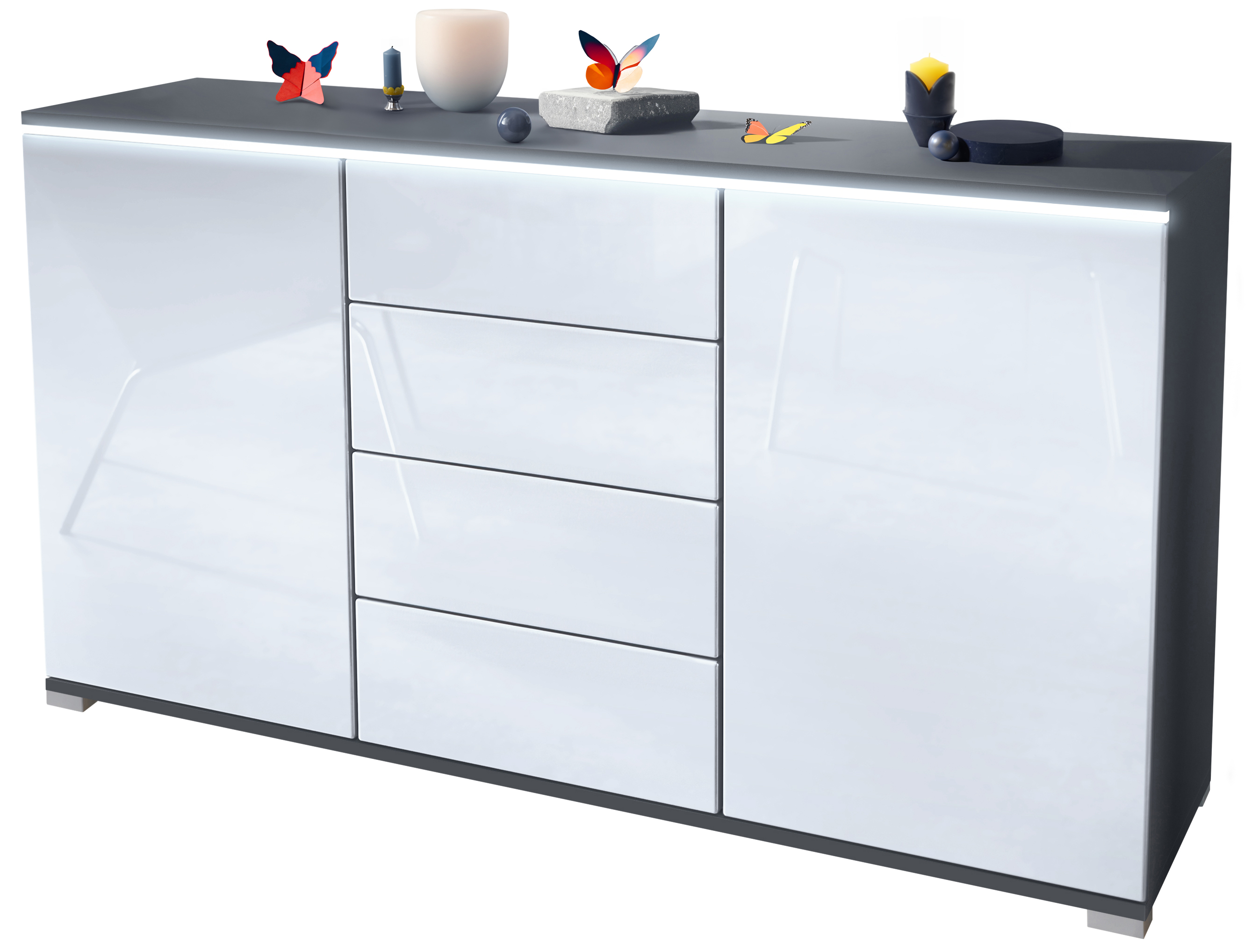 Sideboard Faro V1 Anthrazit Schrank mit LED Lichtleiste Anthrazit matt / Weiß Hochglanz (138,5 x 75,5 x 35)