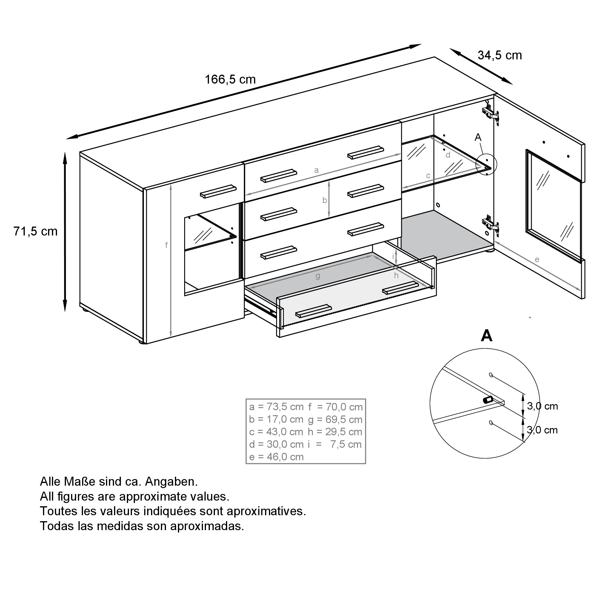 Sideboard Grömitz V2 4 Schubladen und 2 flexible Glaseinlegeböden Schwarz matt/Creme Hochglanz (166 x 72 x 35)