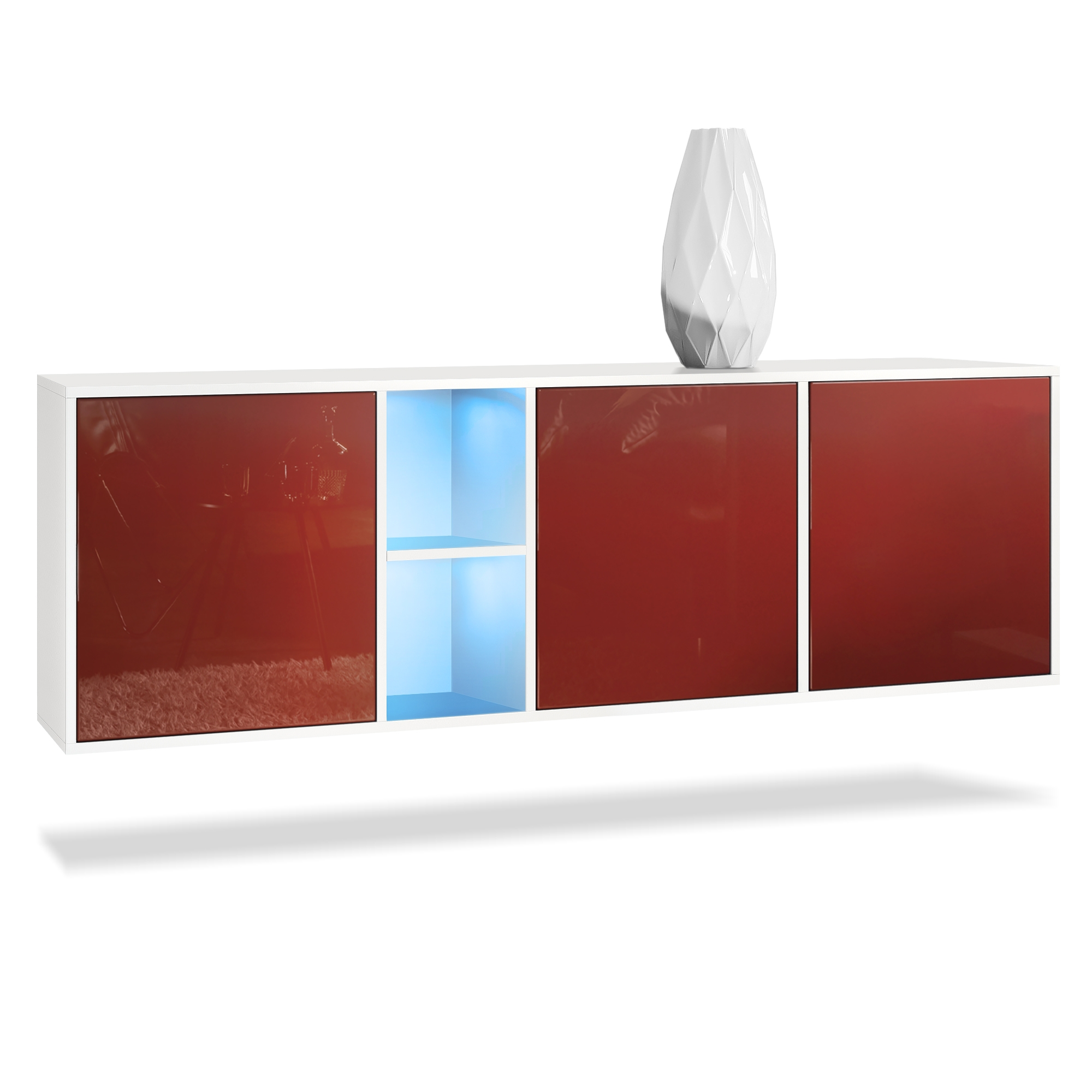 Sideboard Cuba  mit 3 Türen und 2 offene Fächer Weiß matt/Bordeaux Hochglanz inkl. LED-Beleuchtung (182 x 53 x 35 cm)