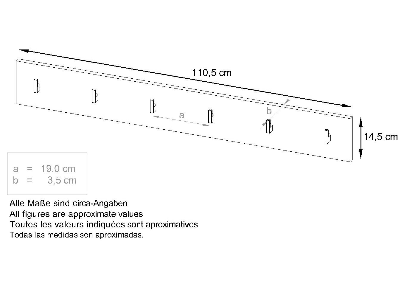 Garderobenleiste Linea V1  mit 6 Kleiderhaken  Beton Oxid Optik (110,5 x 14,5 x 3,5 cm)