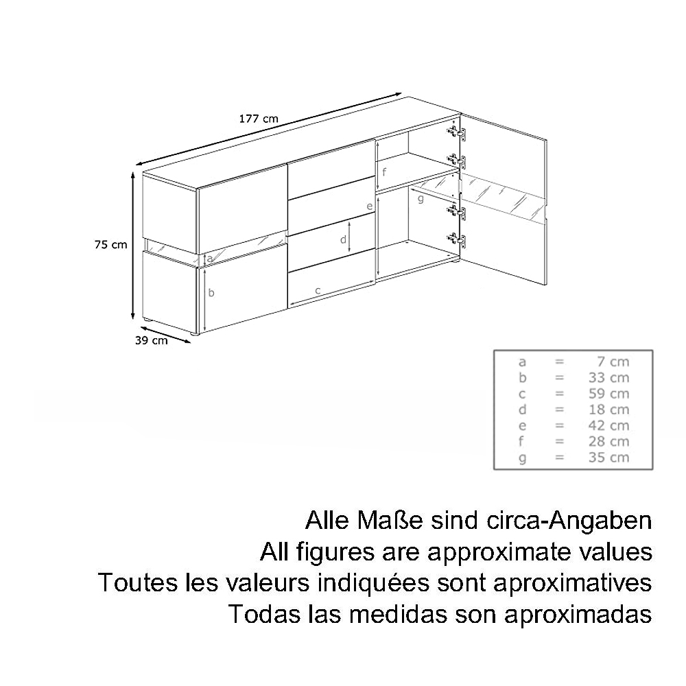 Sideboard Flow mit 2 Türen, je 2 Fächer dahinter und 4 Schubladen Weiß matt/Weiß Hochglanz (177 x 75 x 39 cm)