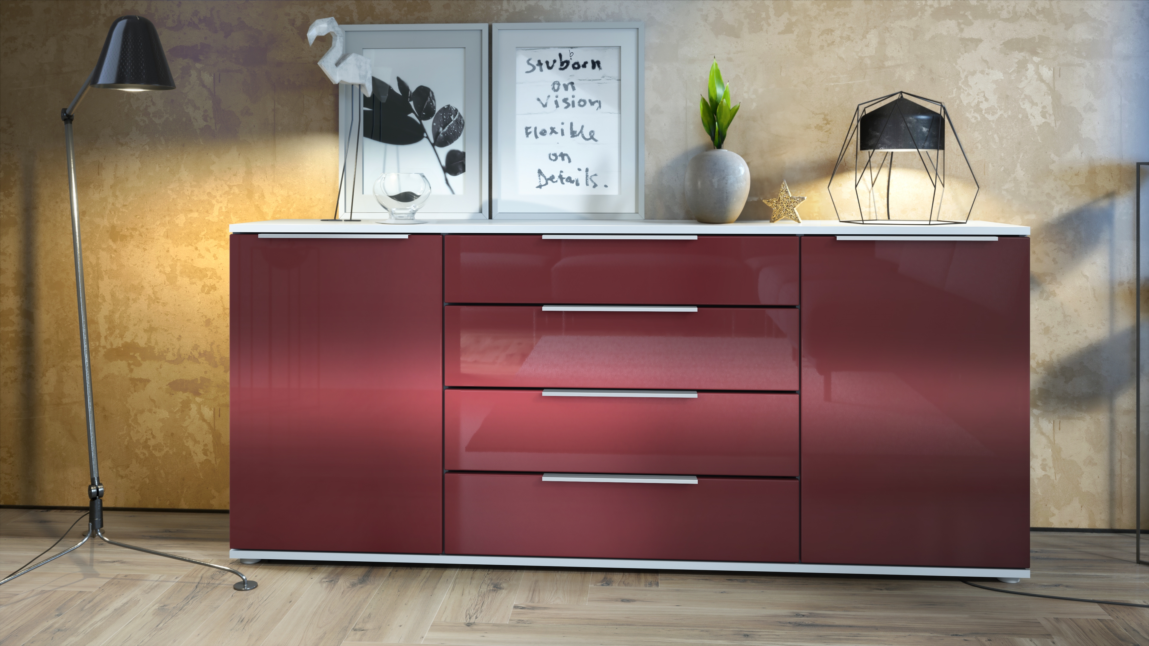 Linio V2 Sideboard mit 2 Türen und 4 Schubladen Weiß matt/Bordeaux Hochglanz (166,5 x 72,5 x 35 cm)