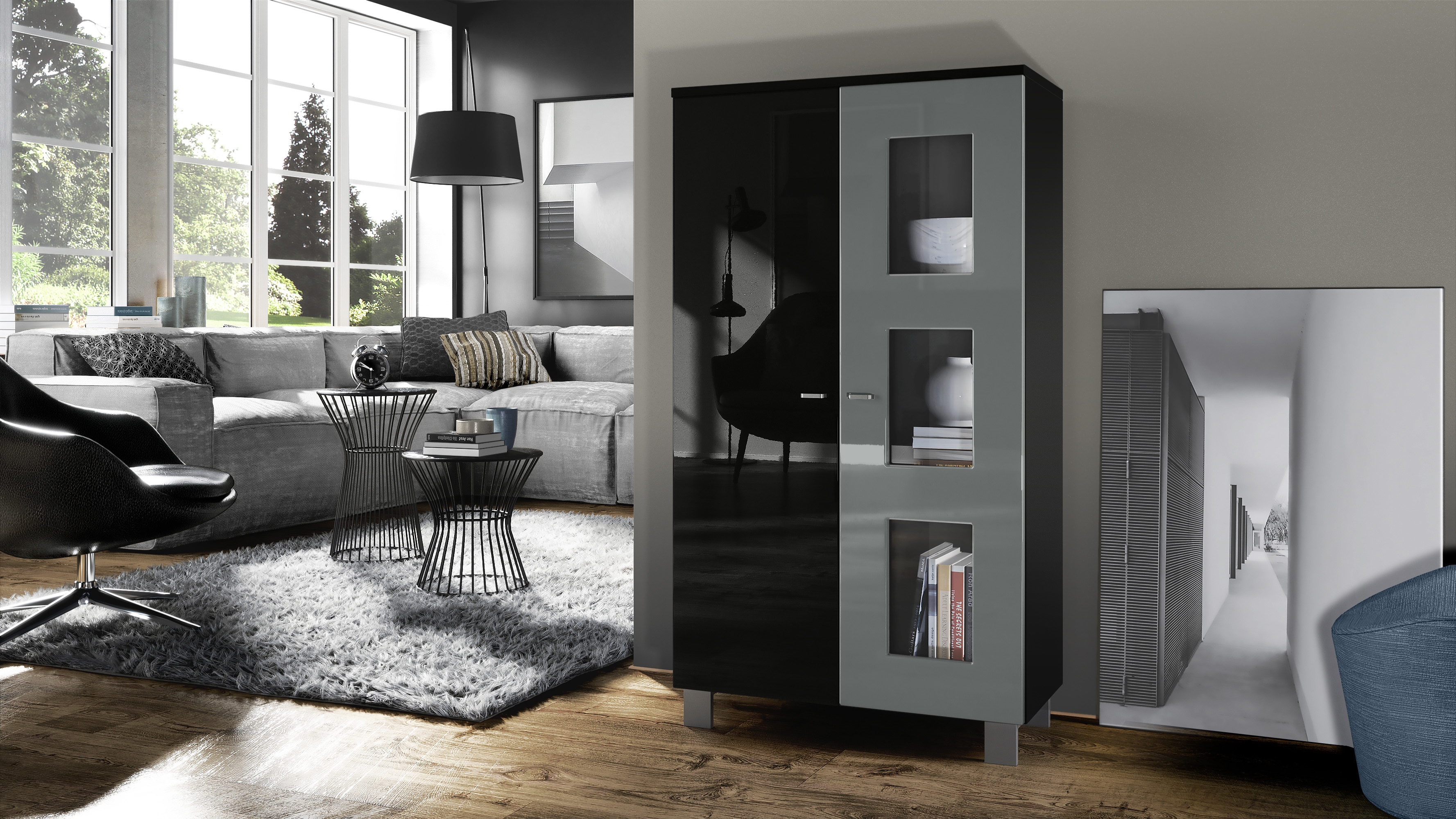 Vitrine Denjo  mit 2 Türen und 3 Glaseinsätzen Schwarz matt/ Schwarz Hochglanz/ Grau Hochglanz (71 x 129 x 35 cm)