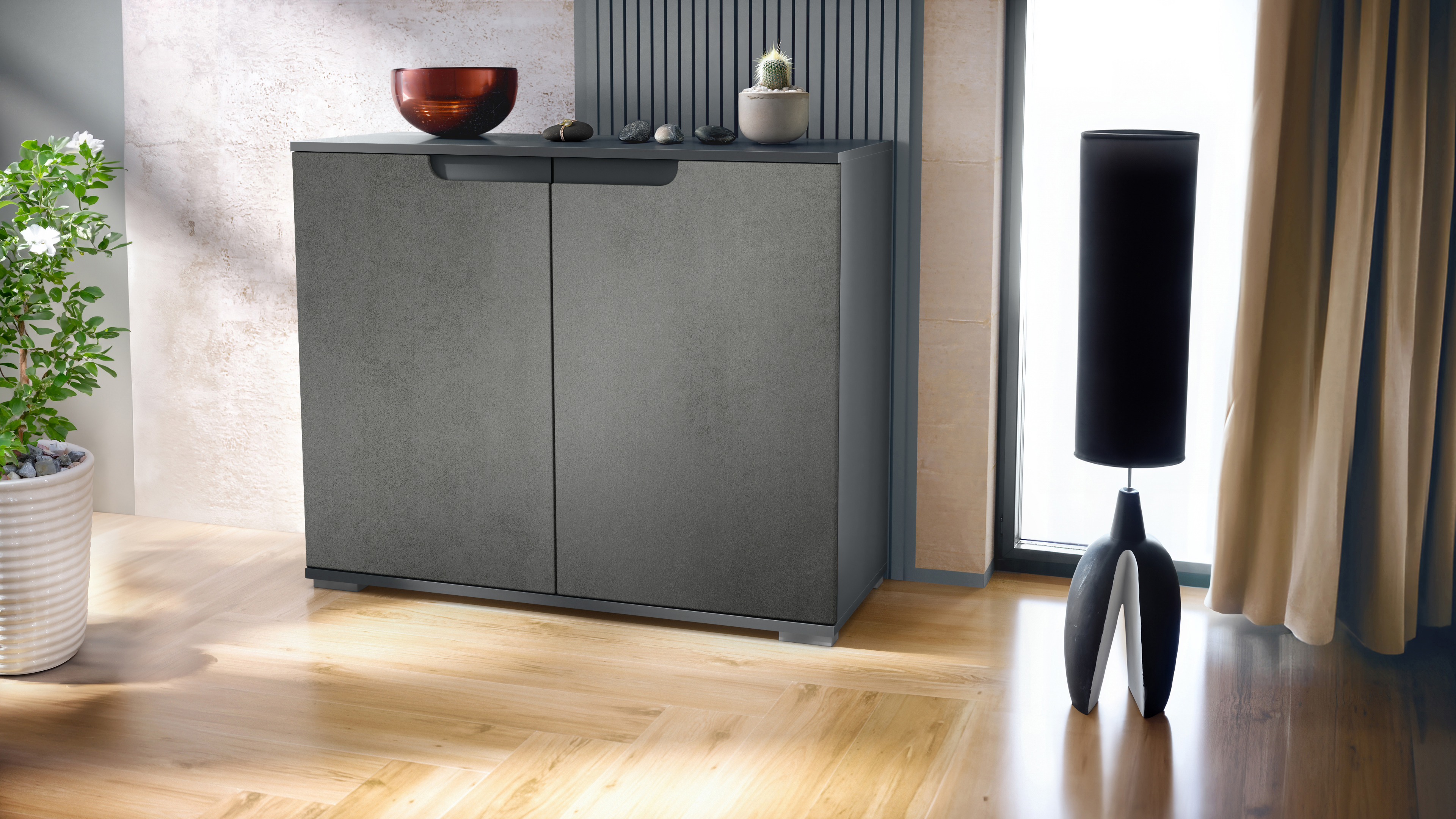 Sylt V3 Kommode Anthrazit mit 2 großen Türen Anthrazit matt / Beton Dunkel Optik (92,5 x 75.5 x 35)
