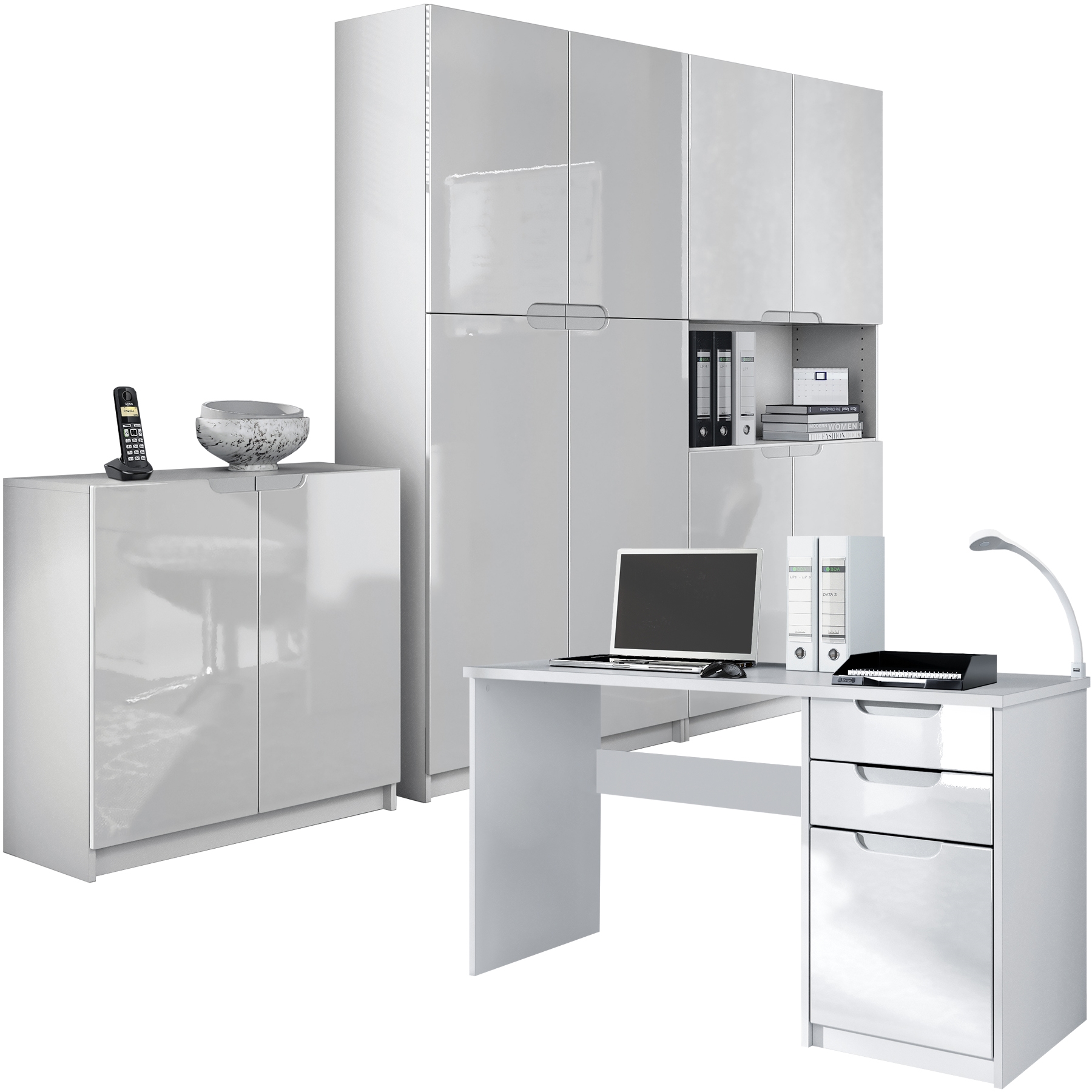 Büromöbel-Set Logan  mit 1 Schreibtisch, 2 Schränken und 1 Kommode Weiß matt/Weiß Hochglanz (246 x 60 x 185 cm)