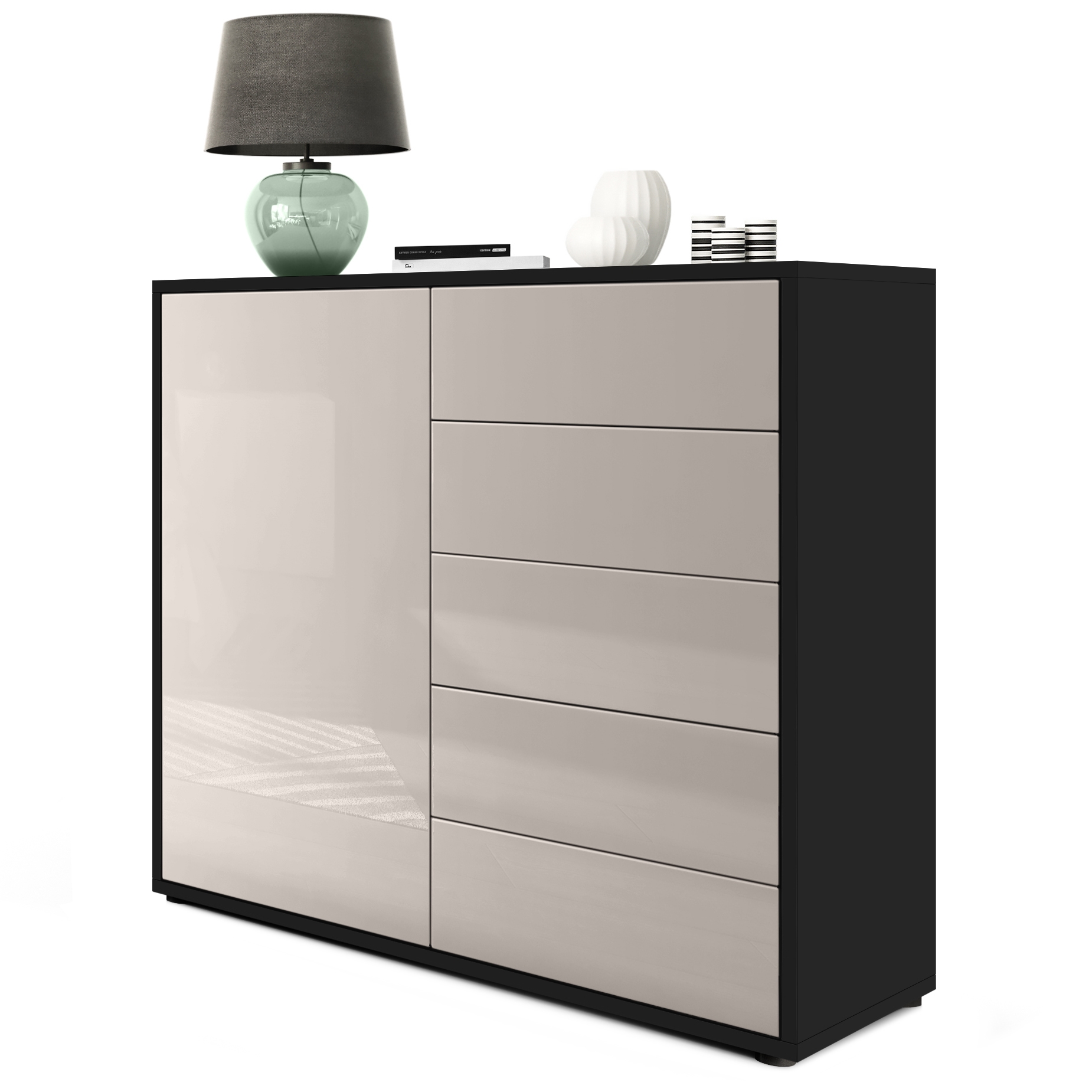 Kommode Ben V2  mit 1 Tür und 5 Schubladen Schwarz matt/Sandgrau Hochglanz (79 x 74 x 36 cm)