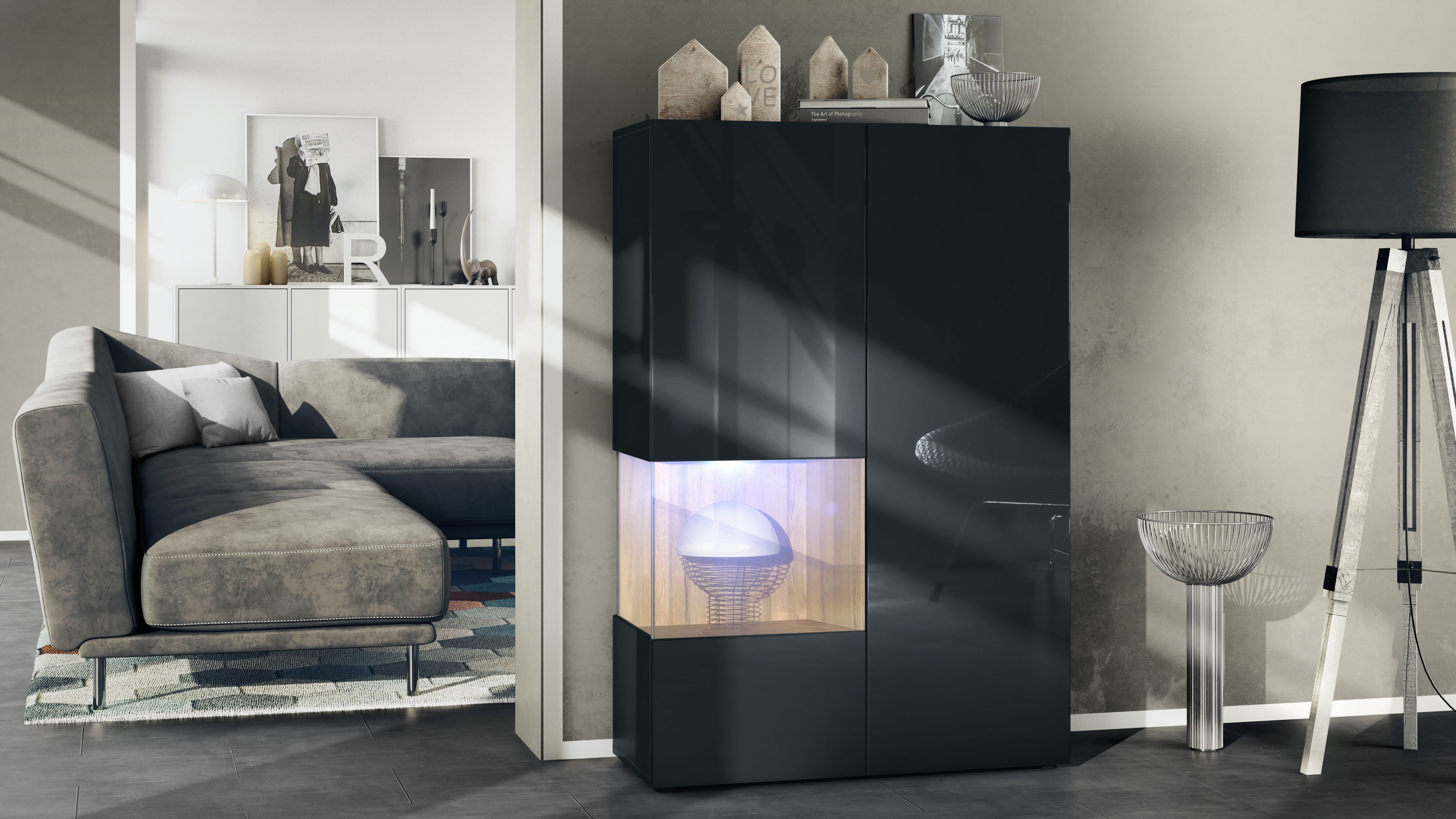 ​Vitrine Morena V2 mit 2 Türen und Glaseinsatz inkl. LED-Beleuchtung Schwarz matt/Schwarz Hochglanz/Eiche Natur(91,5 x 136,5 x 37 cm)
