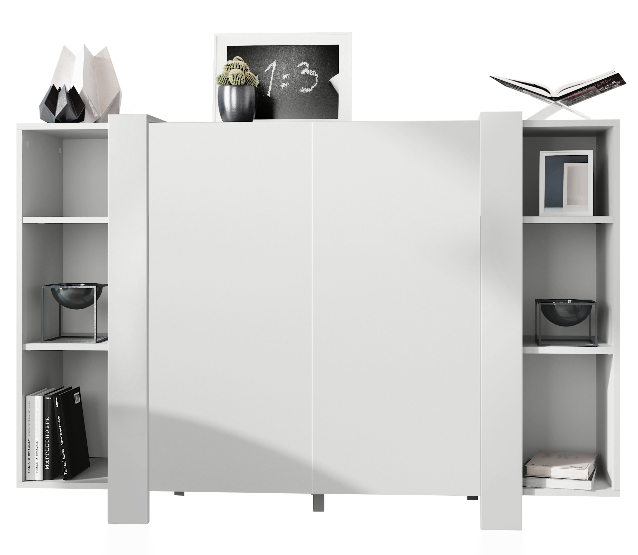 Highboard Ida V2 Weiß mit 2 Türen und 6 offene Fächer Weiß matt/Weiß matt (149 x 101 x 34 cm)