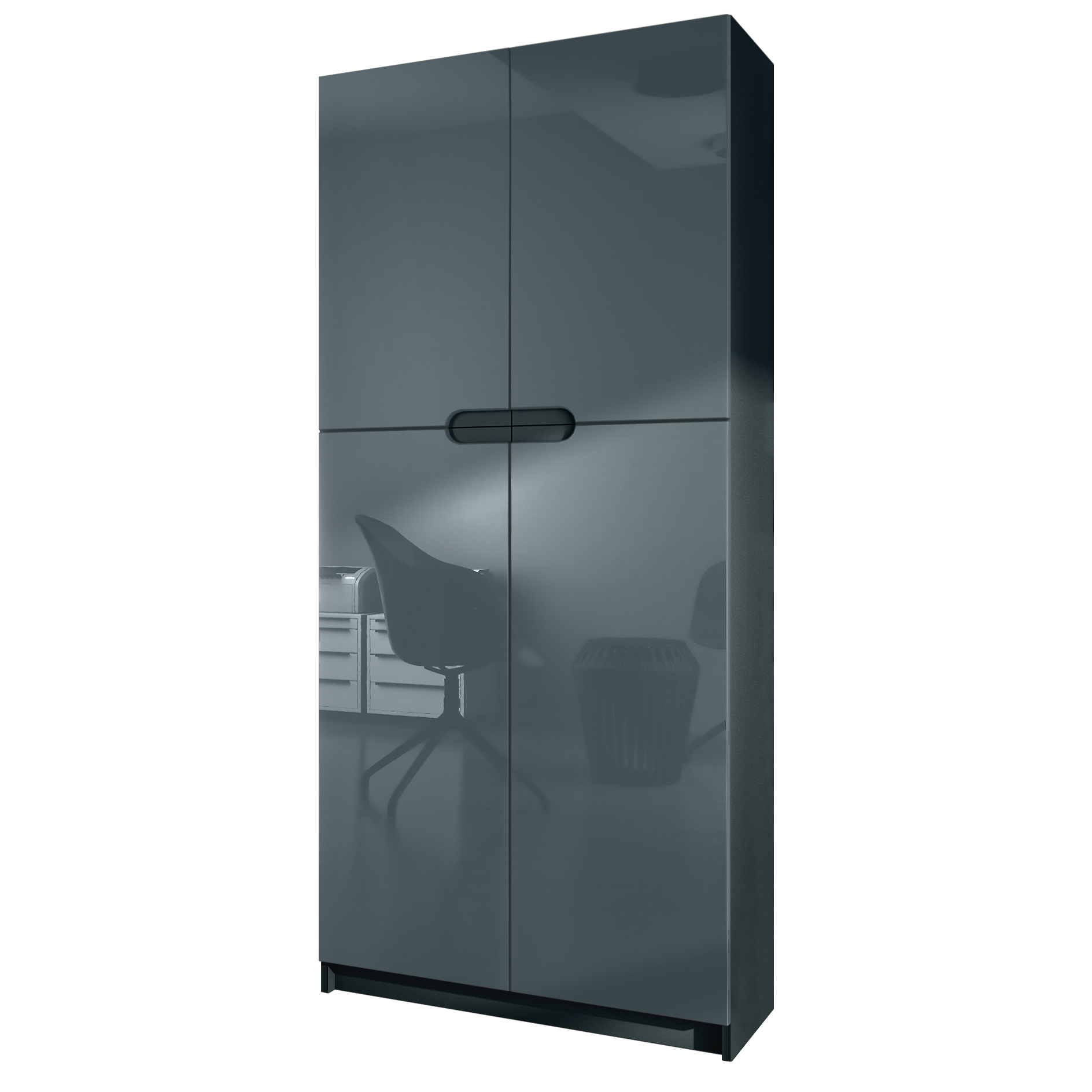 Büroschrank Logan V1  mit 5 Fächern und 4 Türen Schwarz matt/Grau Hochglanz (82 x 185 x 37 cm)