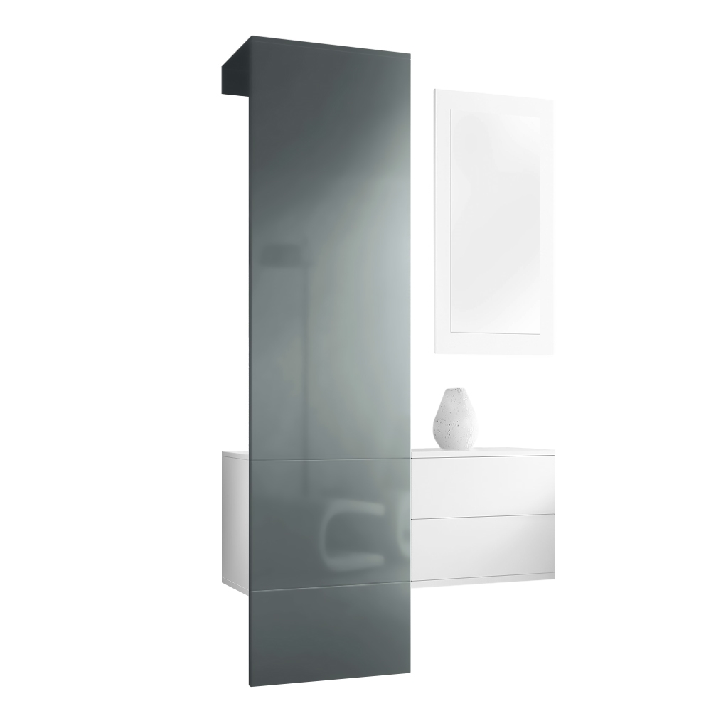 Garderobe Carlton Set 2 Weiß 3-tlg. ​ 1 Paneel, 1 Schubkastenschrank und 1 Wandspiegel Weiß matt/Grau Hochglanz (105 x 193 x 35 cm)