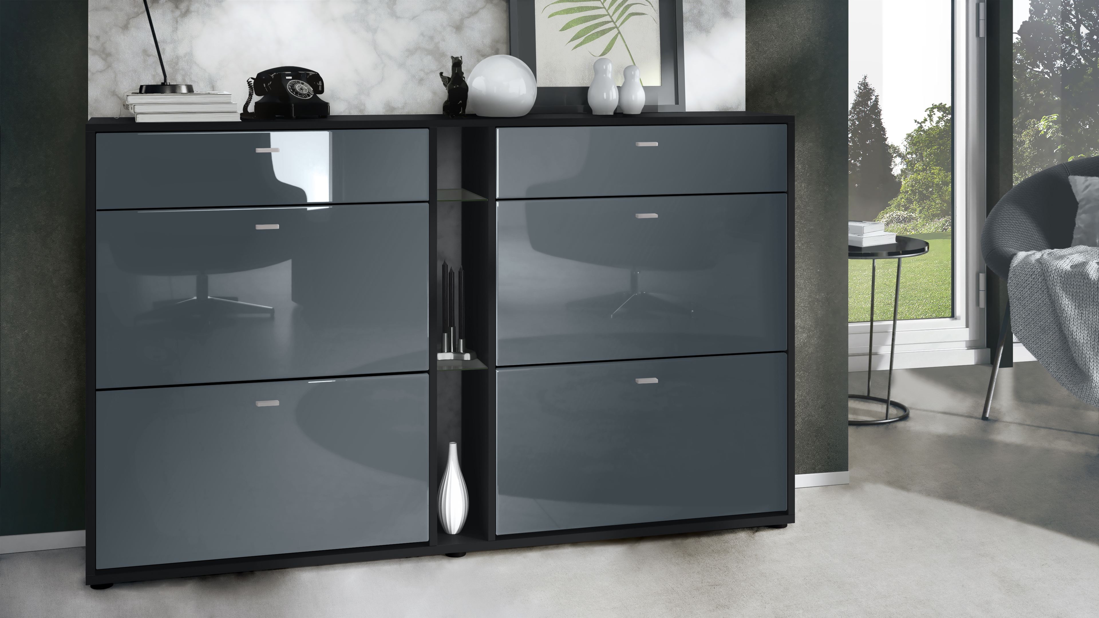 Today Schuhschrank 2 Schubladen und 3 offene Fächer  Schwarz matt/Grau Hochglanz (155,5 x 95 x 28 cm)