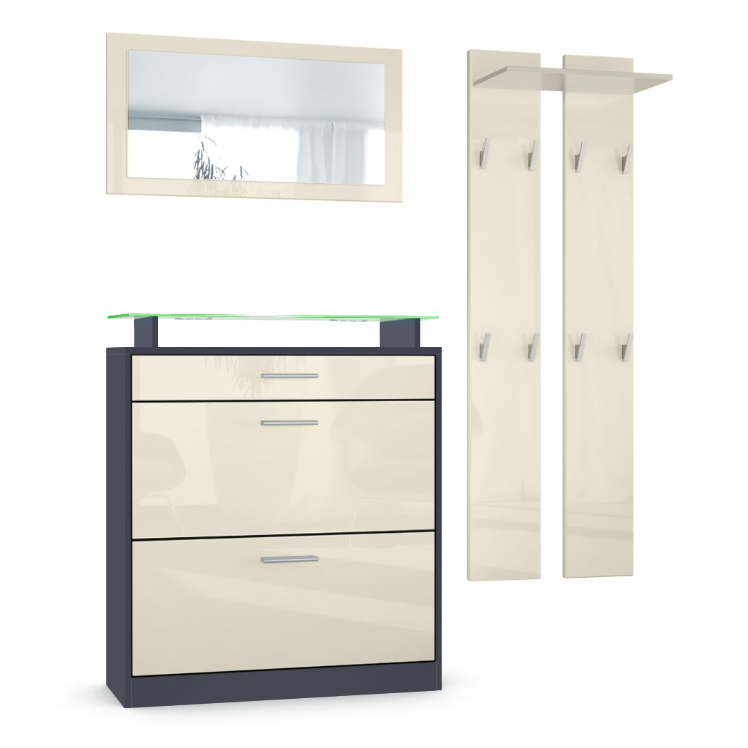 Garderobenset Loret mini 1 Wandspiegel und 2 Paneele, inkl. Beleuchtung   Anthrazit matt/Creme Hochglanz (Schuhschrank 89 x 104 x 23 cm)