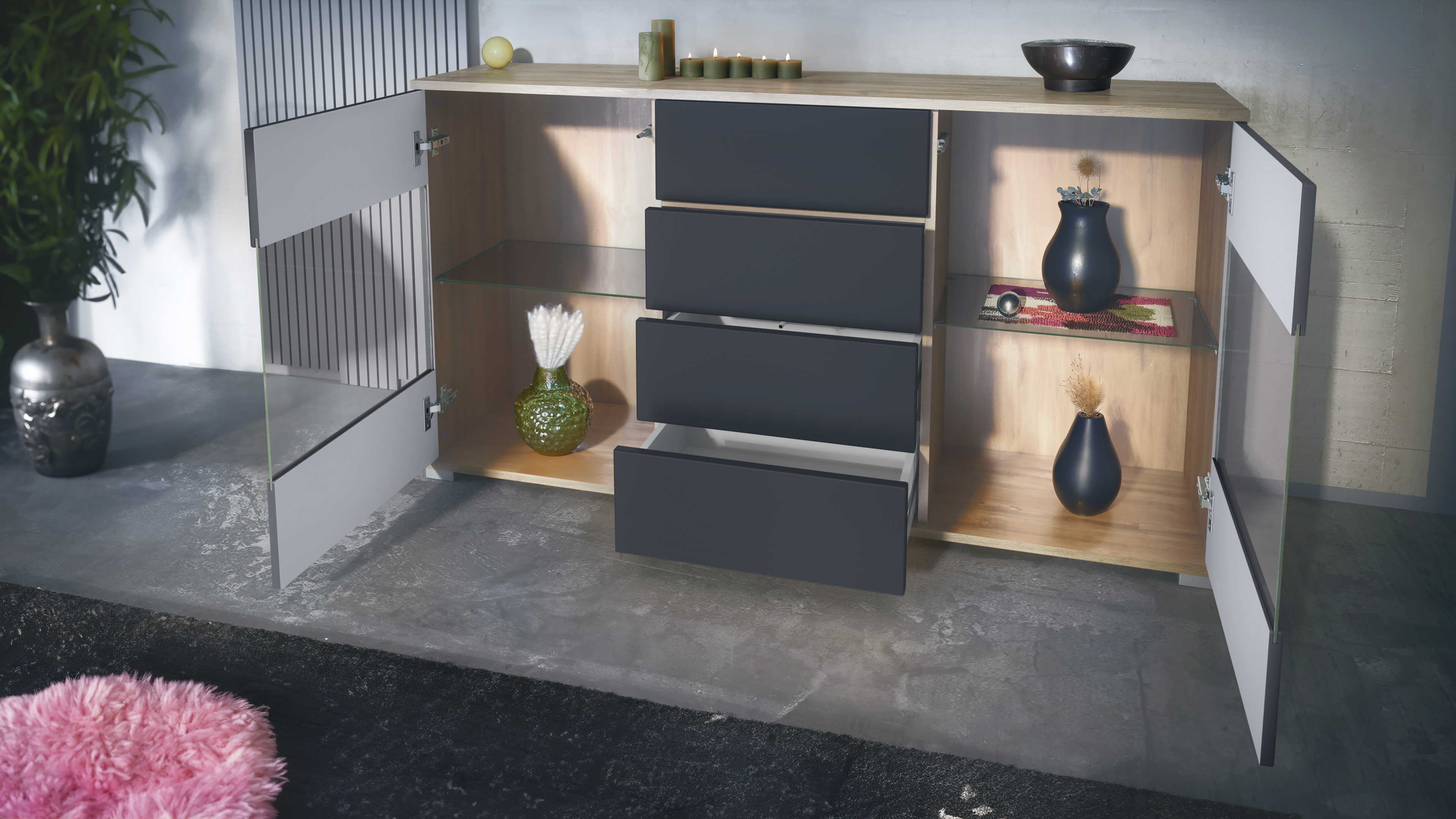 Sideboard Bari V1 Eiche Evoke 4 Schubladen und 2 flexible Glaseinlegeböden Eiche Evoke/Sandgrau Hochglanz (138,5 x 75,5 x 35)