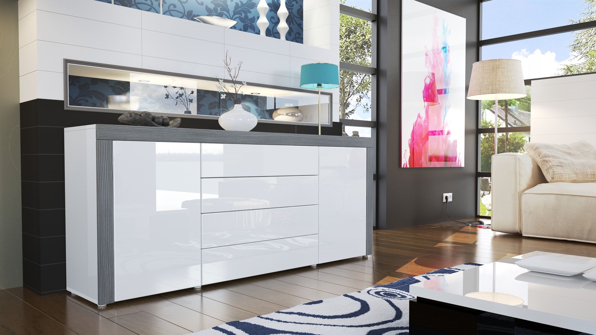 Sideboard La Paz mit 2 Türen und 4 Schubladen Weiß Hochglanz / Avola-Anthrazit (167 x 72 x 35)