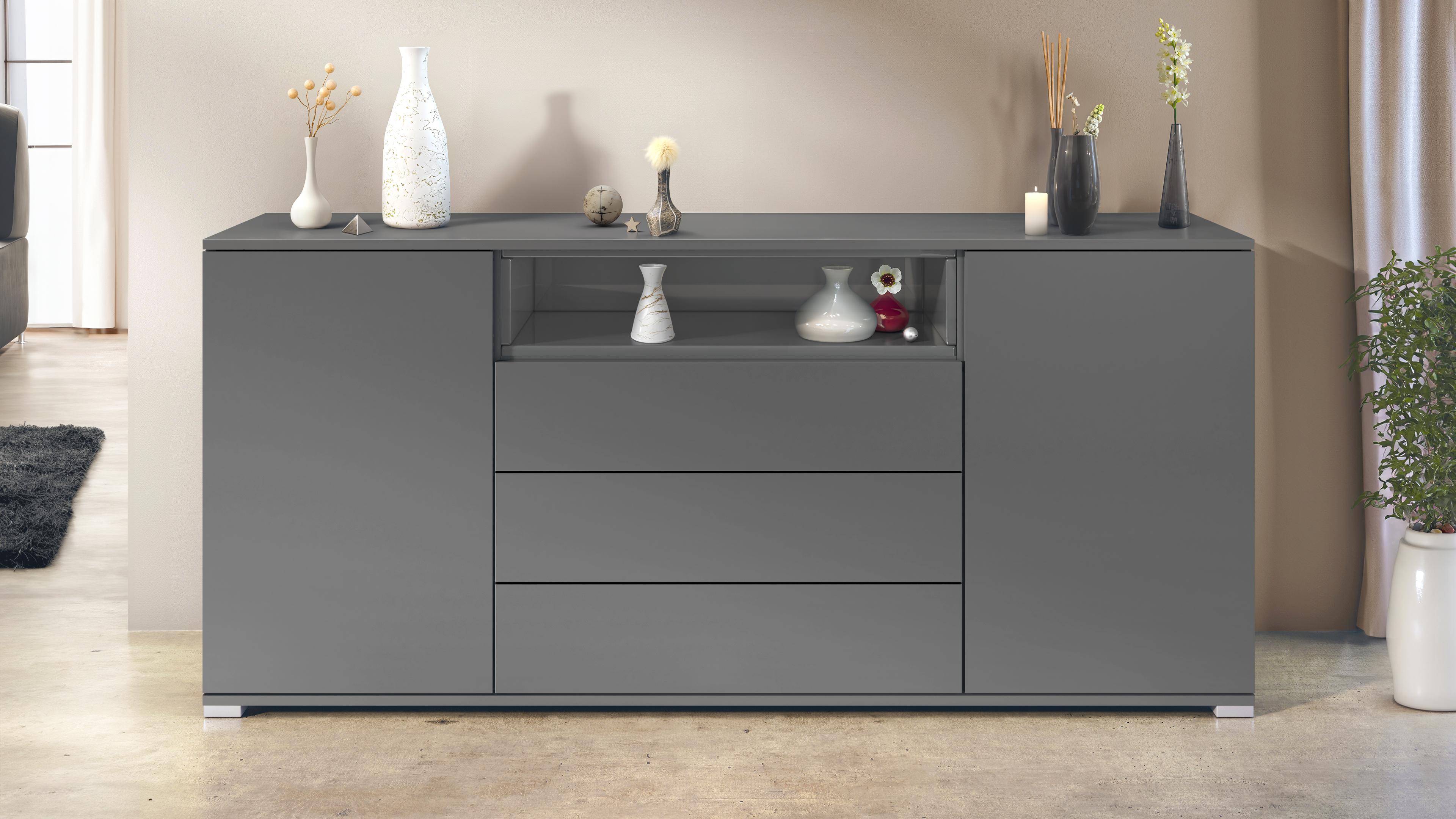 Skadu V4 Sideboard Anthrazit mit 2 Türen, 3 Schubladen und 1 offenem Fach Anthrazit matt/Grau Hochglanz (166,5 x 75,5 x 35 cm)