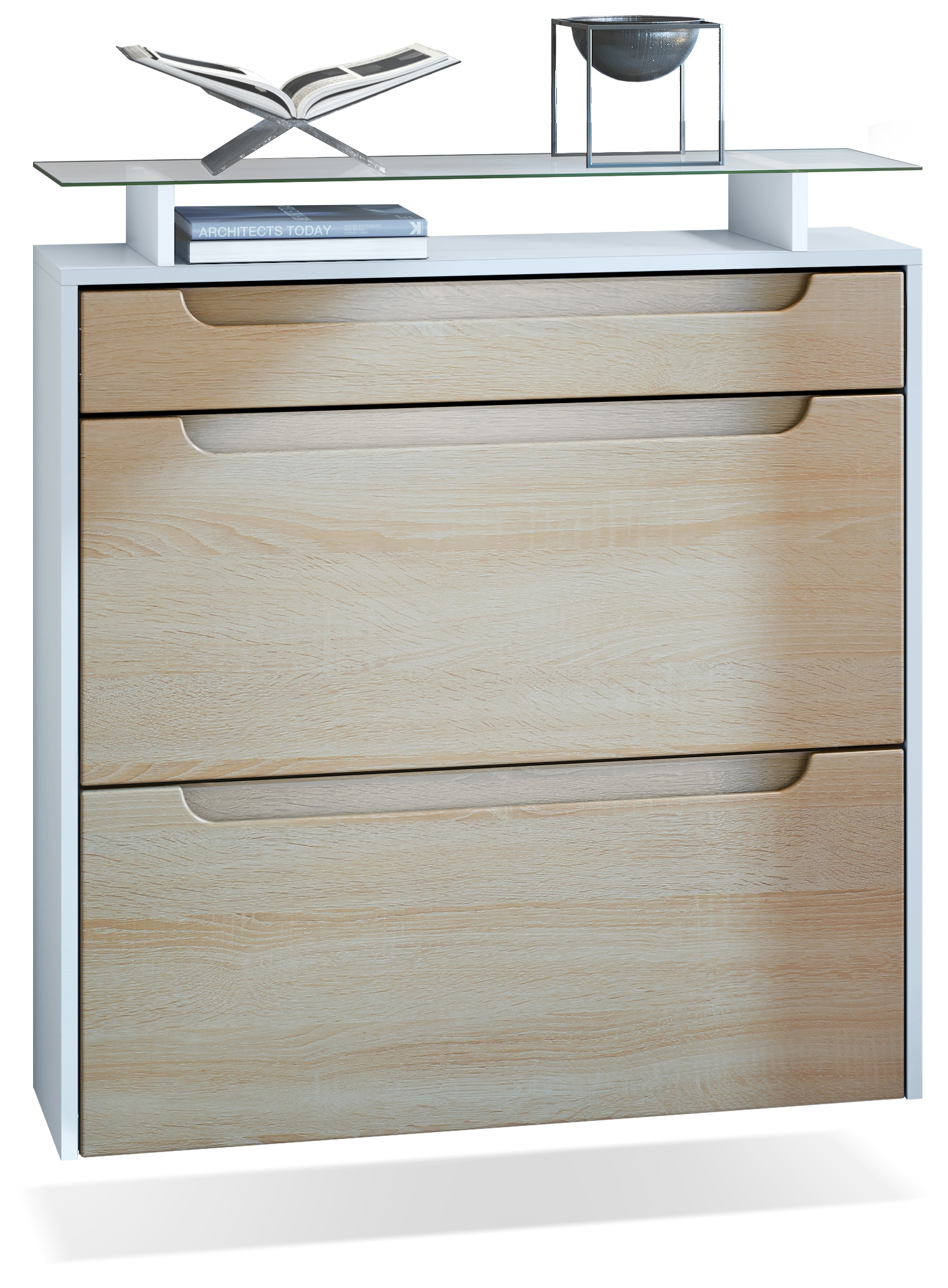 Schuhschrank Annie mit 2 Klappen, 1 Schublade und Glasablage Weiß matt/Eiche sägerau, Griffmulden in Eiche sägerau (89x96x23 cm)