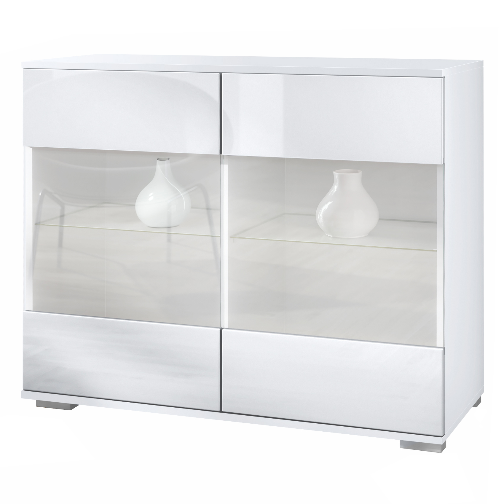 Bari V3 Kommode Weiß mit 2 großen Glastüren Weiß matt / Weiß Hochglanz (92,5 x 75.5 x 35)
