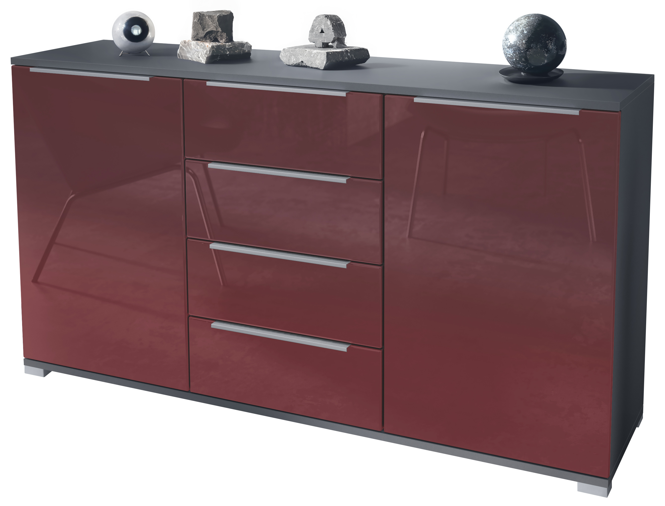 Linio V1 Sideboard Anthrazit mit 2 Türen und 4 Schubladen Anthrazit matt/Bordeaux Hochglanz (138,5 x 75,5 x 35 cm)