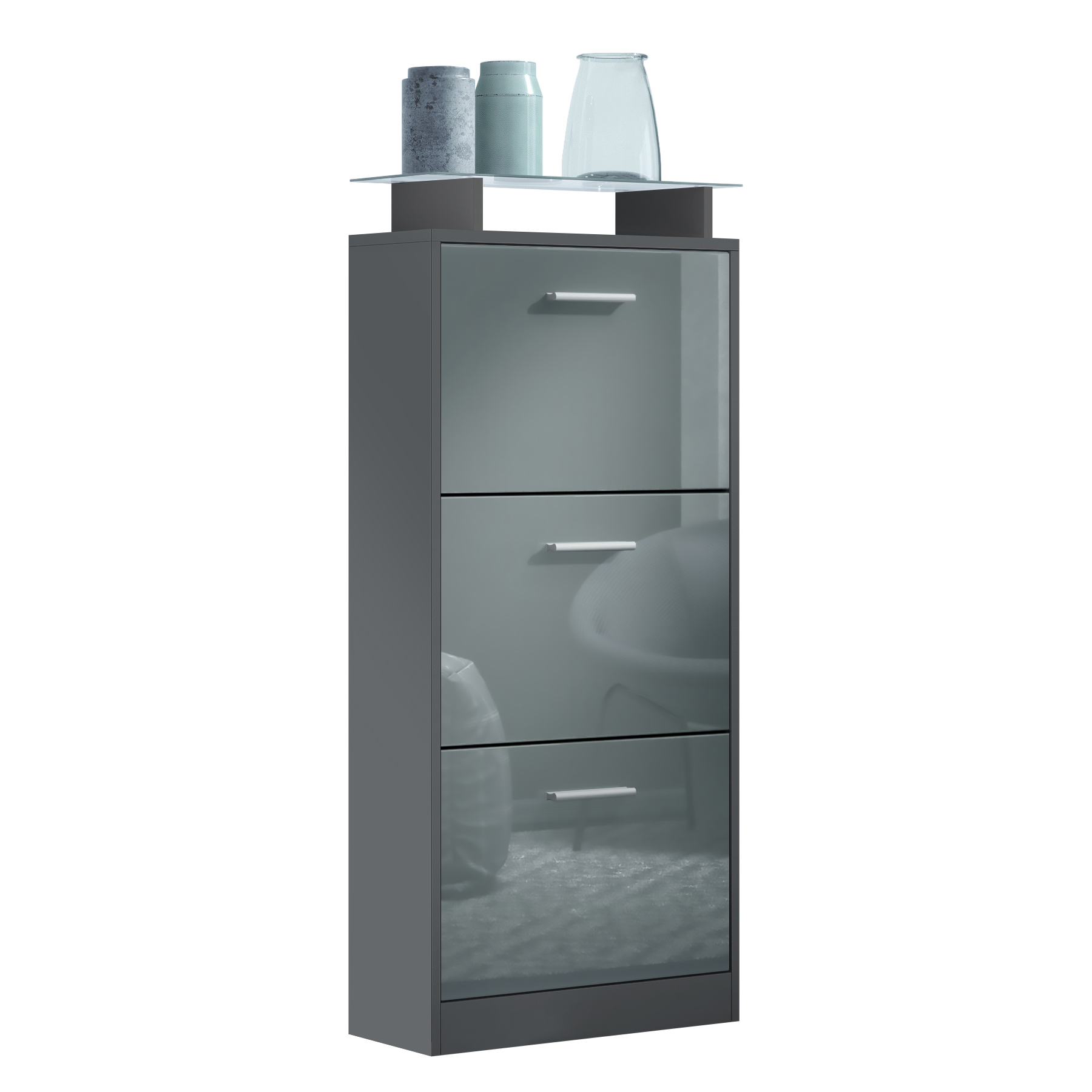Schuhschrank Lavia V2 Anthrazit matt für 12 Paar Schuhe mit 3 Klappen und Glasablage Anthrazit matt/Grau Hochglanz (46 x 128 x 23 cm)