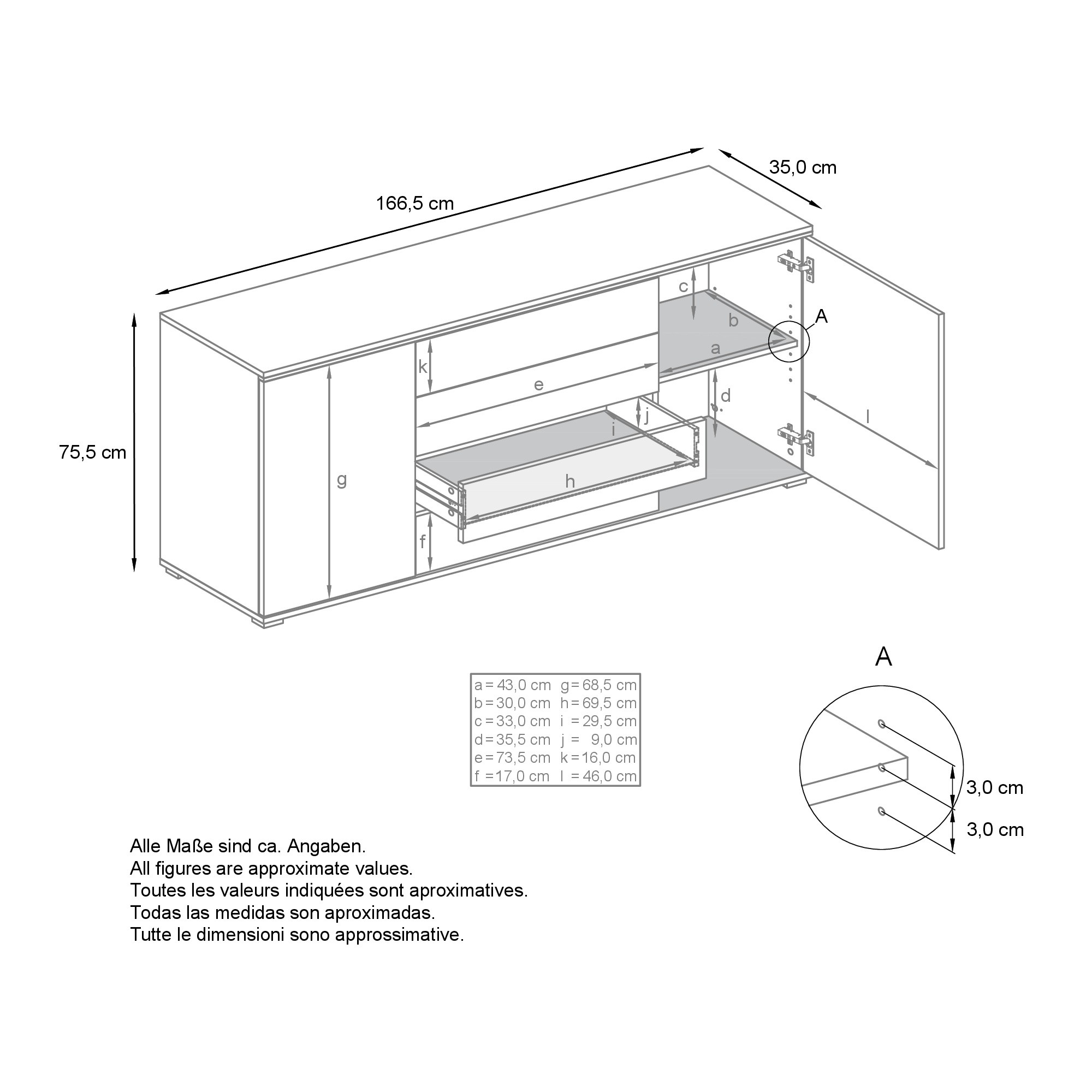 Sideboard Faro V2 Anthrazit Schrank mit LED Lichtleiste Anthrazit matt / Creme Hochglanz (166,5 x 75,5 x 35)