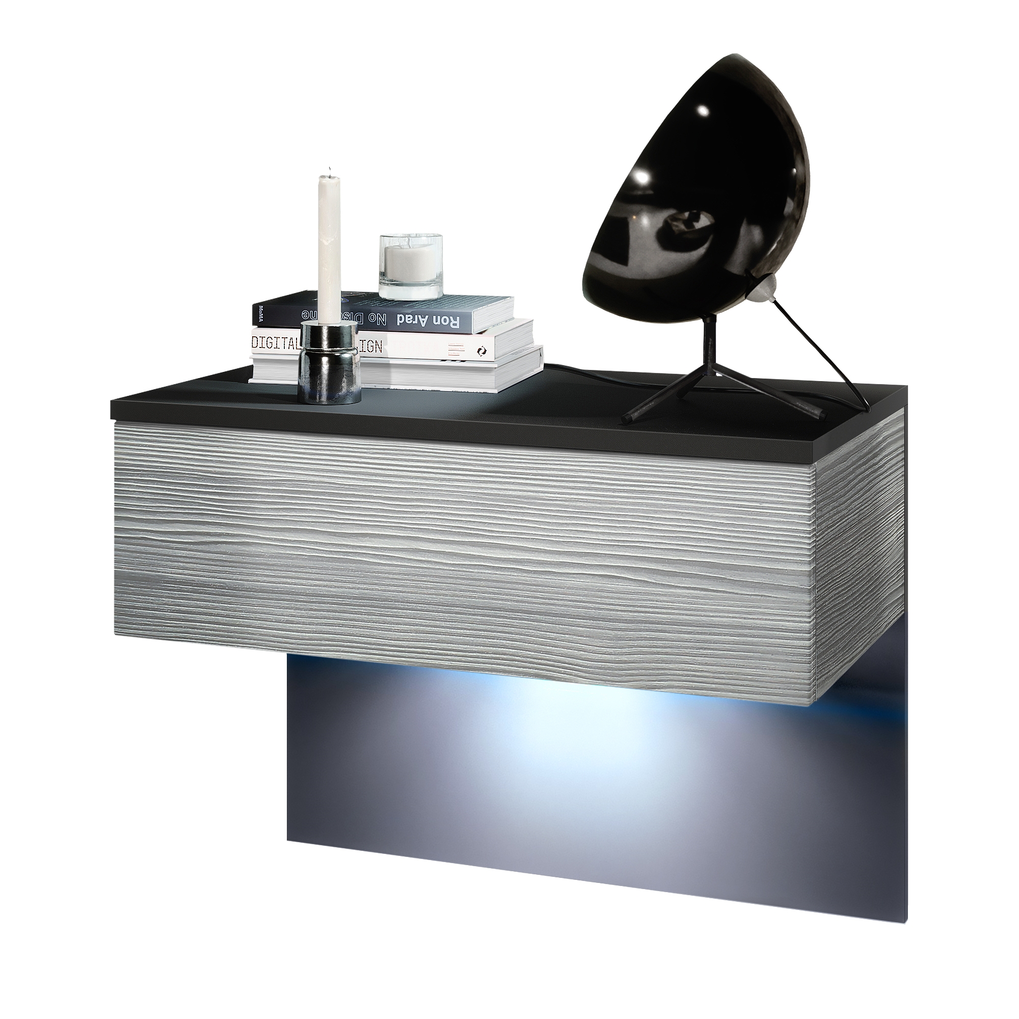 Nachttisch Sleep mit Schublade zur Wandmontage Schwarz matt/Avola-Anthrazit (60 x 46 x 35 cm)