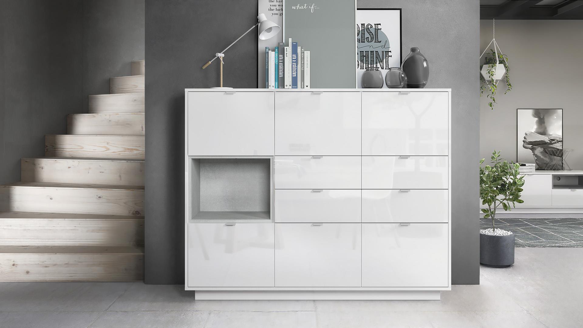 Highboard Metro V2  mit 6 Türen, 4 Schubladen und 1 offenem Fach Weiß Hochglanz/Beton Oxid Optik (153 x 123 x 38 cm)