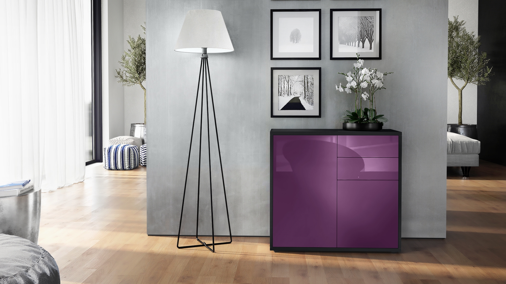 Kommode Ben  mit 2 Türen und 2 Schubladen Schwarz matt/Brombeer Hochglanz (79 x 74 x 36 cm)