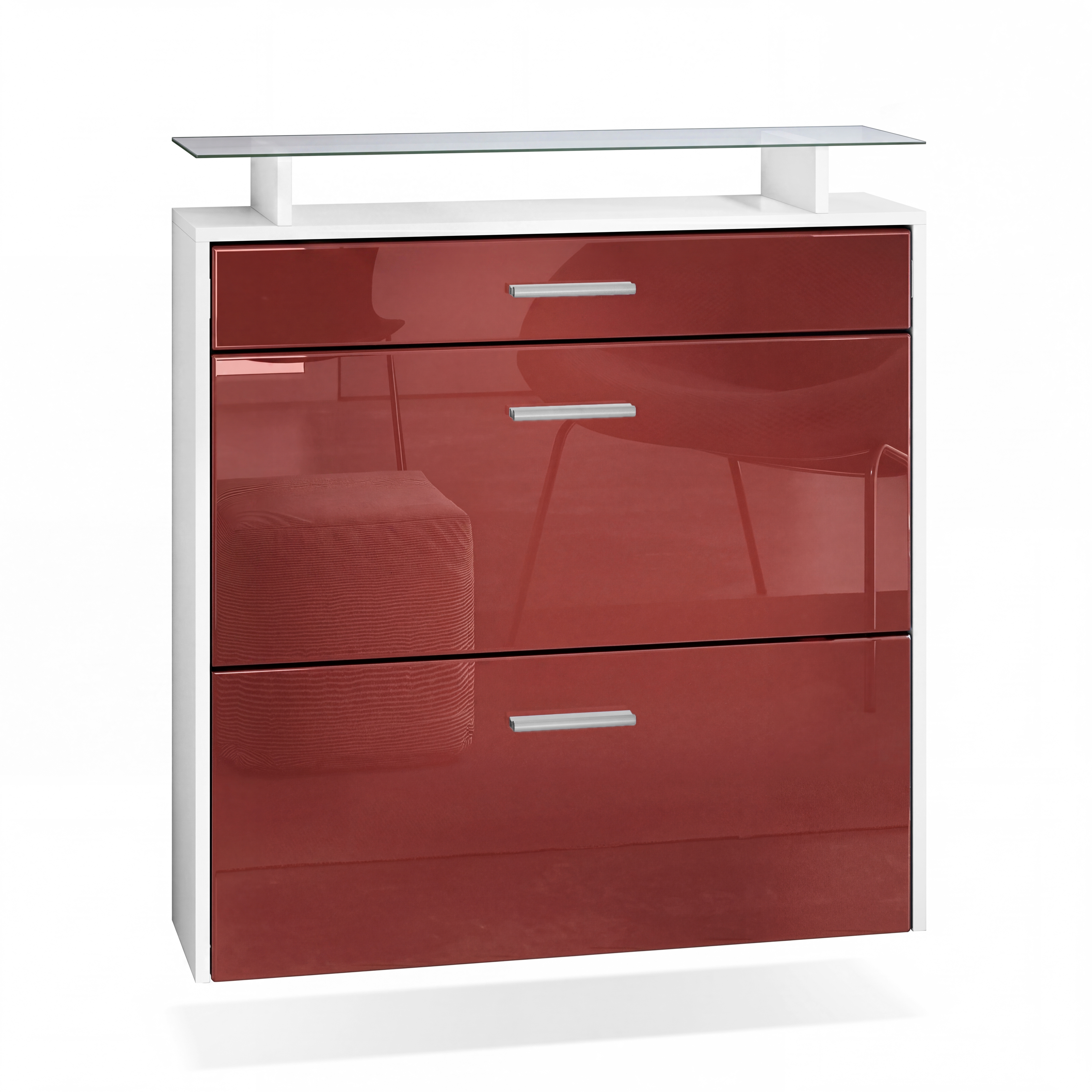 Schuhschrank Malea mit 2 Klappen und 1 Schublade und Glasablage Weiß matt/Bordeaux Hochglanz (89 x 96 x 23 cm)