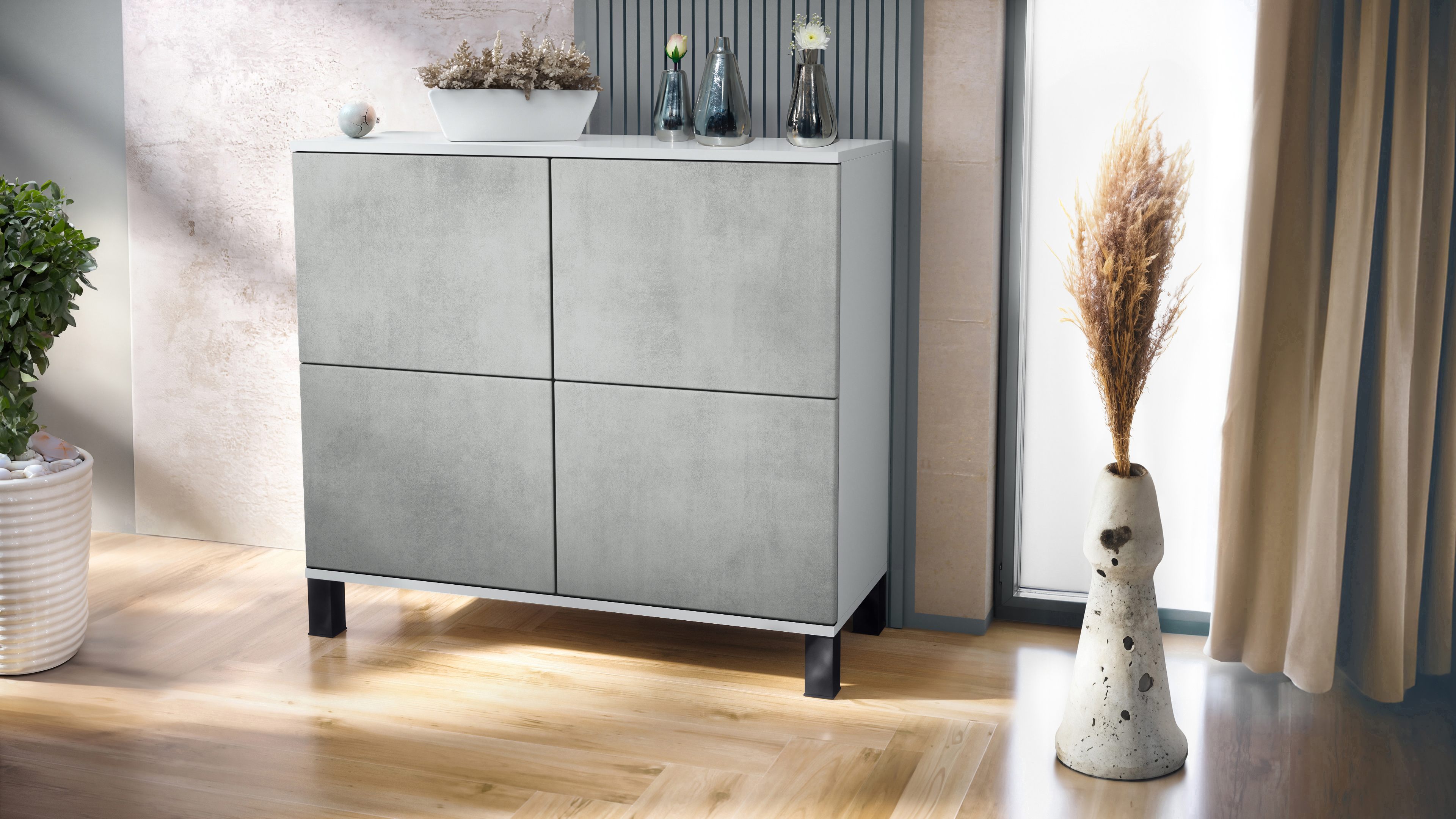 Rova V3 Kommode Weiß mit 4 Push-to-Open Türen Weiß matt / Beton Oxid Optik (92,5 x 84.5 x 35)