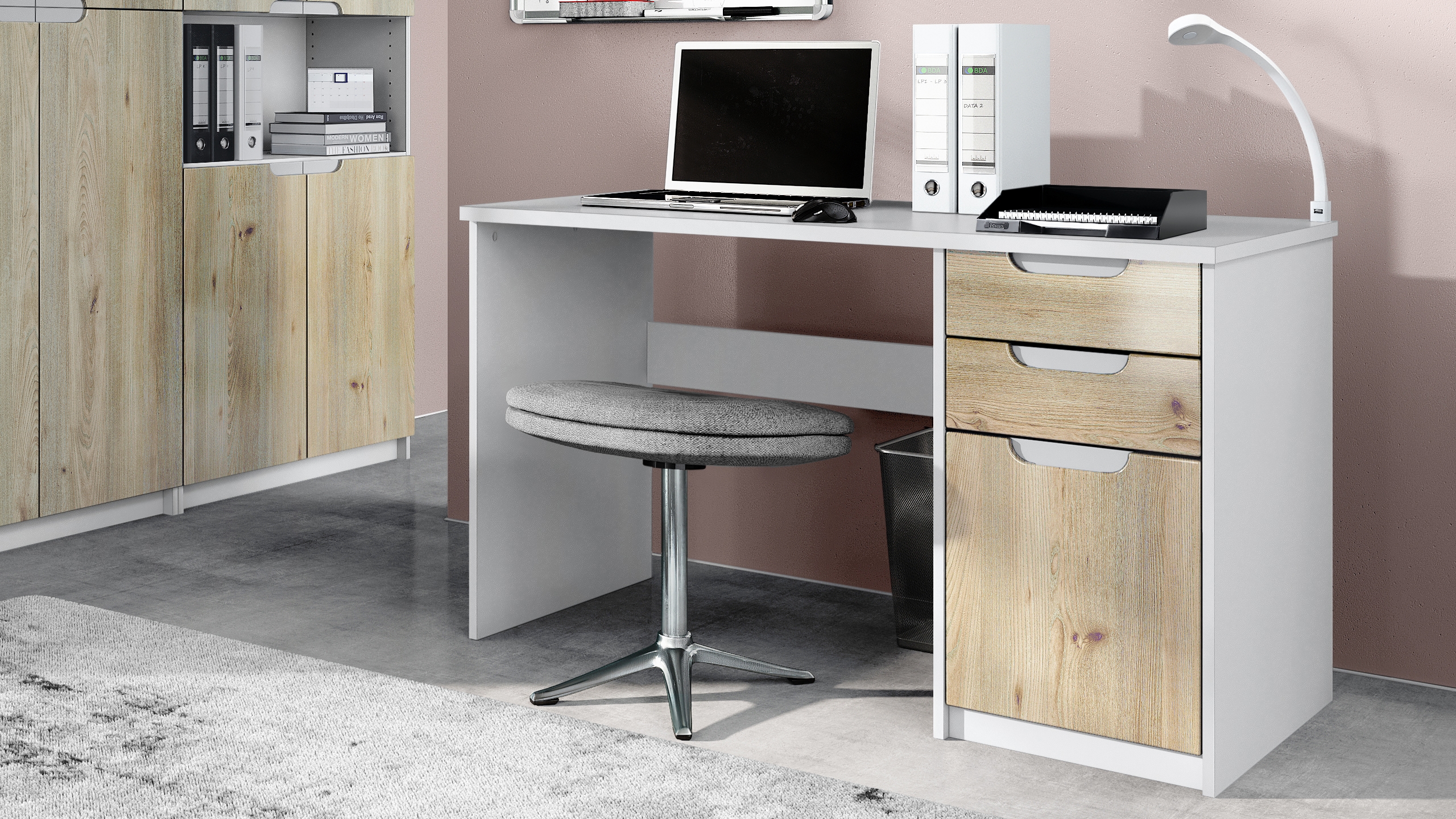 Schreibtisch Logan mit 2 Schubladen und 1 Tür Weiß matt/Eiche Nordic (129 x 76 x 60 cm)