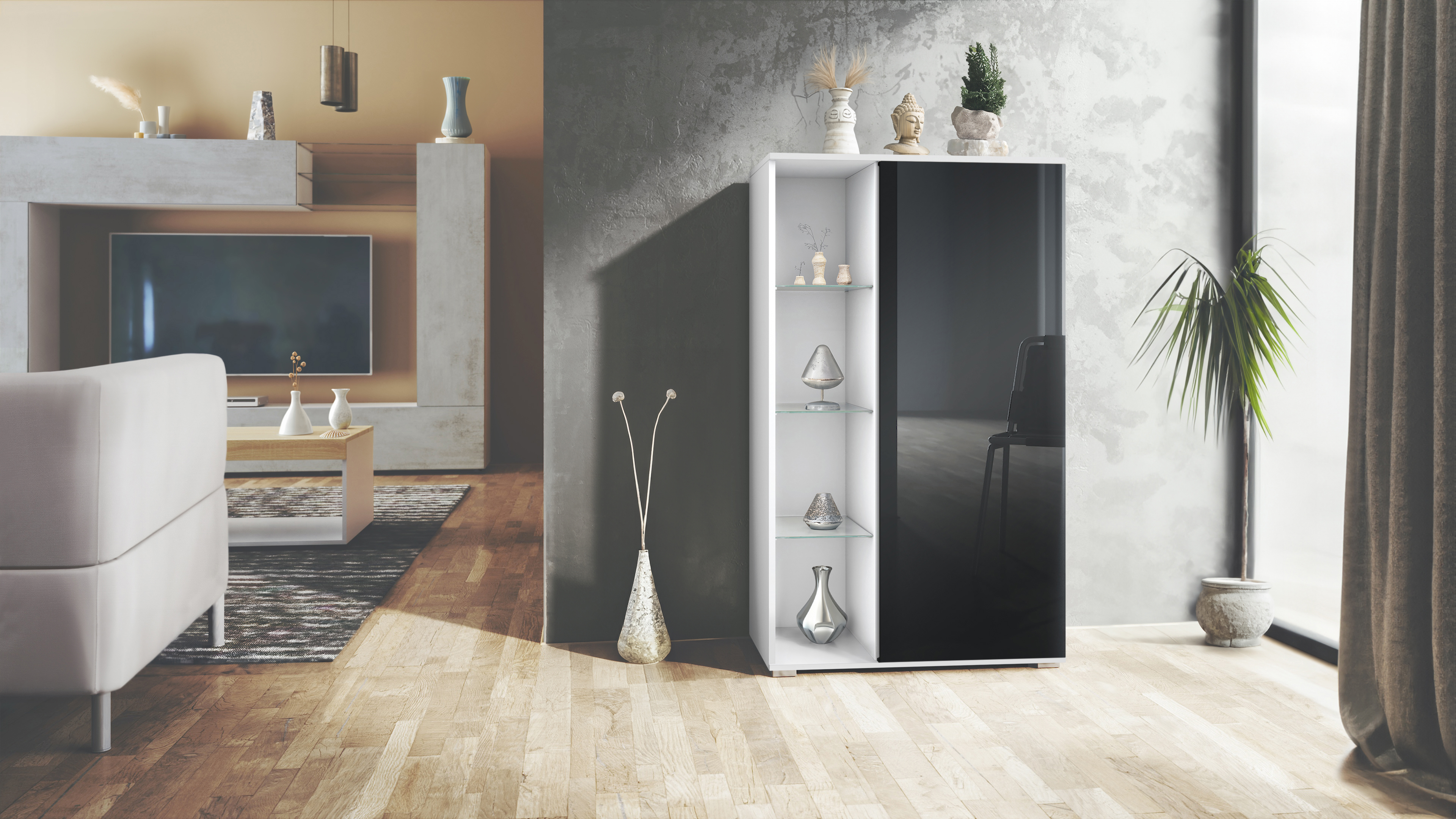 Vitrine Davos mit 3 Glasböden und 8 Fächer Weiß matt/Schwarz Hochglanz (71,5 x 134 x 35 cm)
