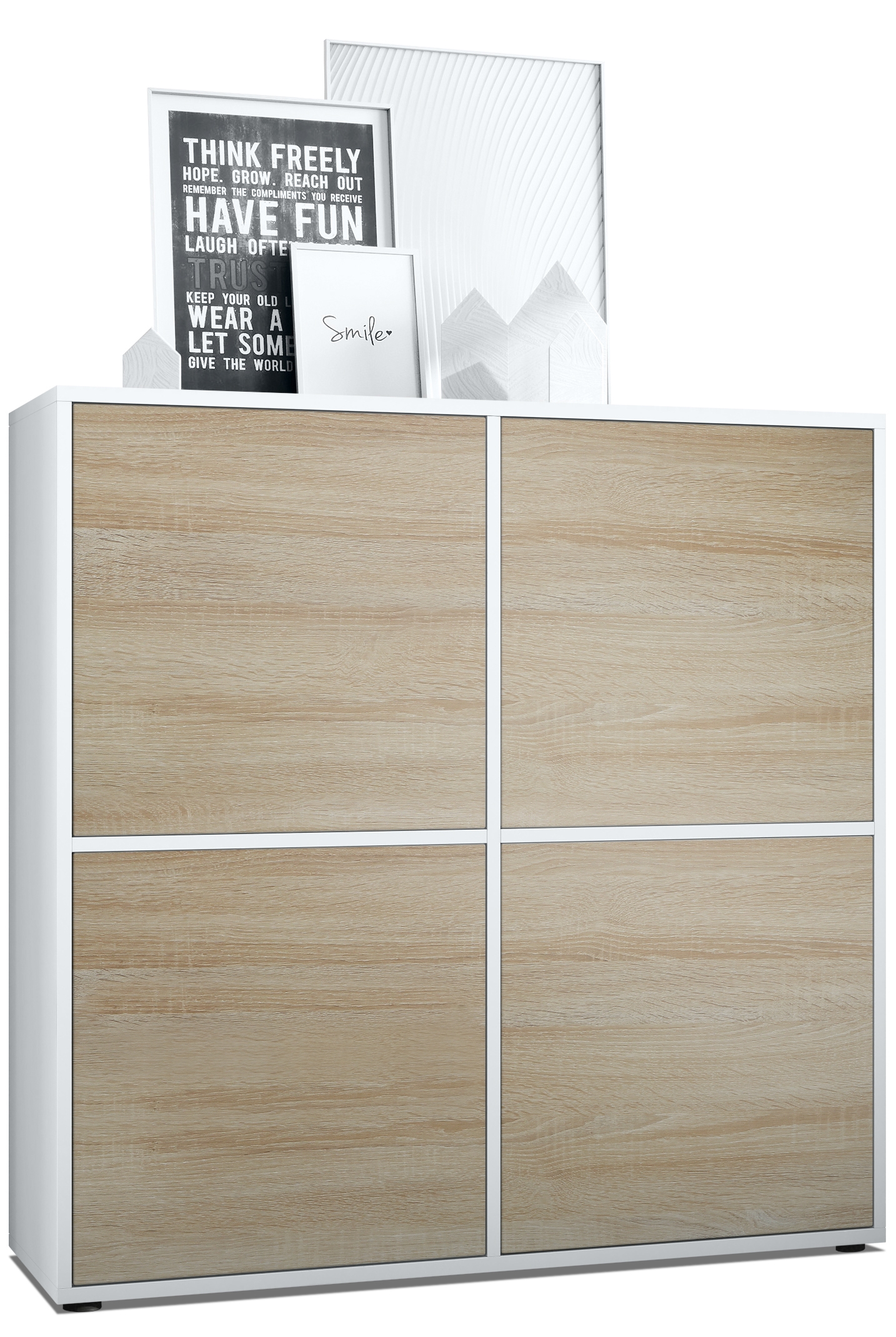 Highboard Cuba V2 104 x 105,5 x 35,5 cm Sideboard mit 8 Fächern Korpus in Weiß matt / Fronten in Eiche sägerau