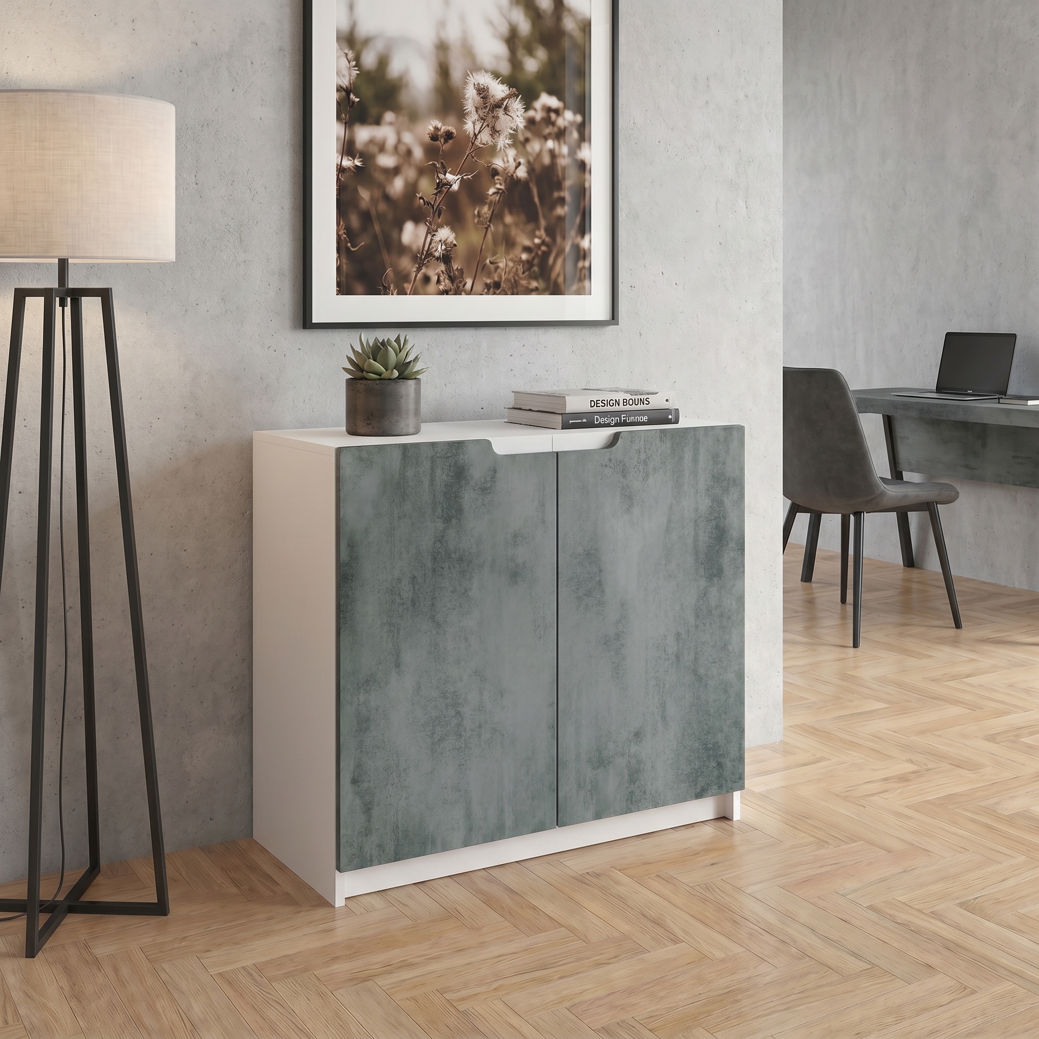 Kommode Logan mit 2 Türen Weiß matt/Beton dunkel Optik (82 x 78 x 37 cm)