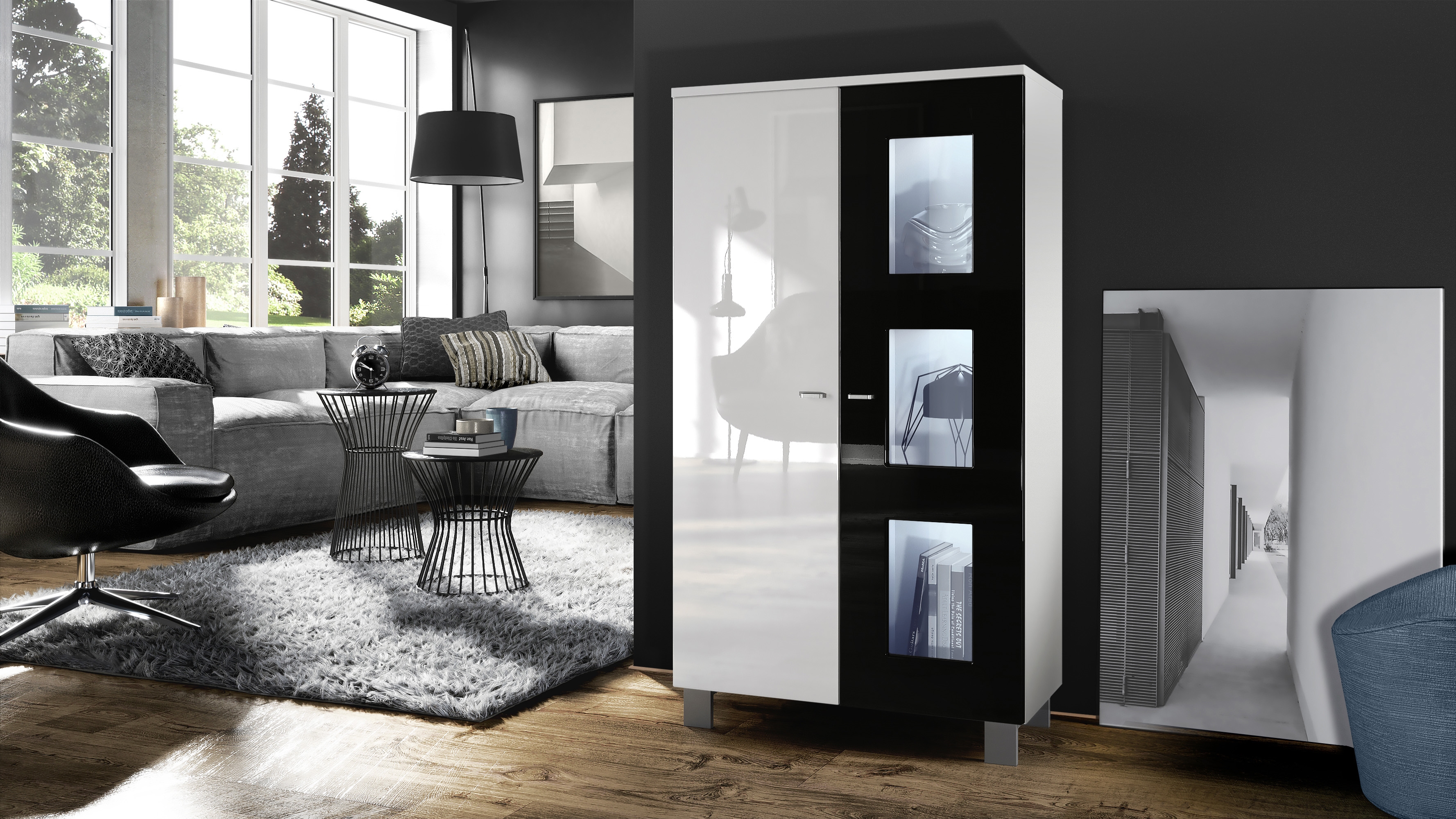 Vitrine Denjo  mit 2 Türen und 3 Glaseinsätzen Weiß matt&glänzend/ Schwarz glänzend mit Beleuchtung (71x129x35 cm)