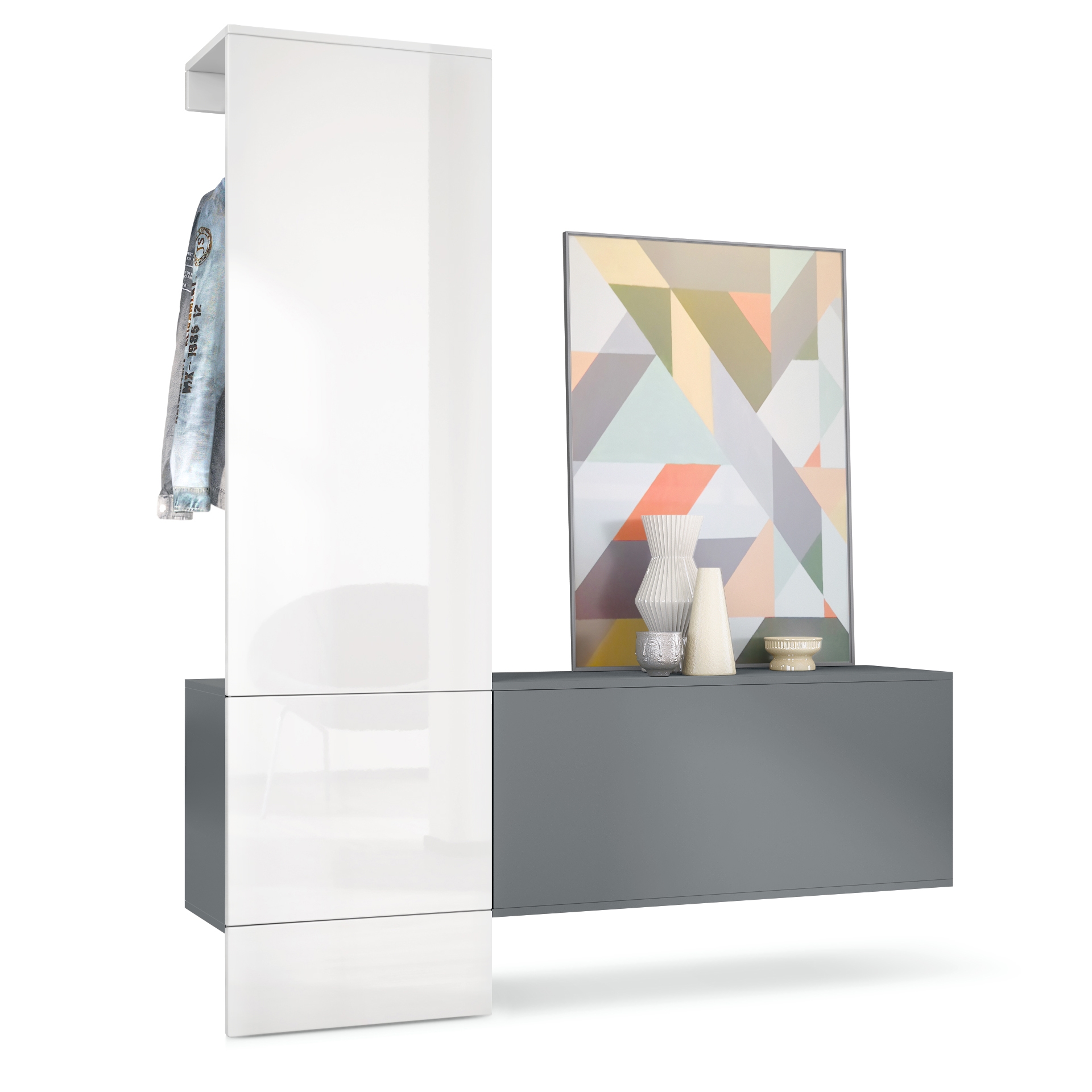 Garderobe Carlton Set 4 Anthrazit 3-tlg. 1 Paneel und 1 Schrankmodul Anthrazit matt/Weiß Hochglanz (156,5 x 193 x 35 cm)