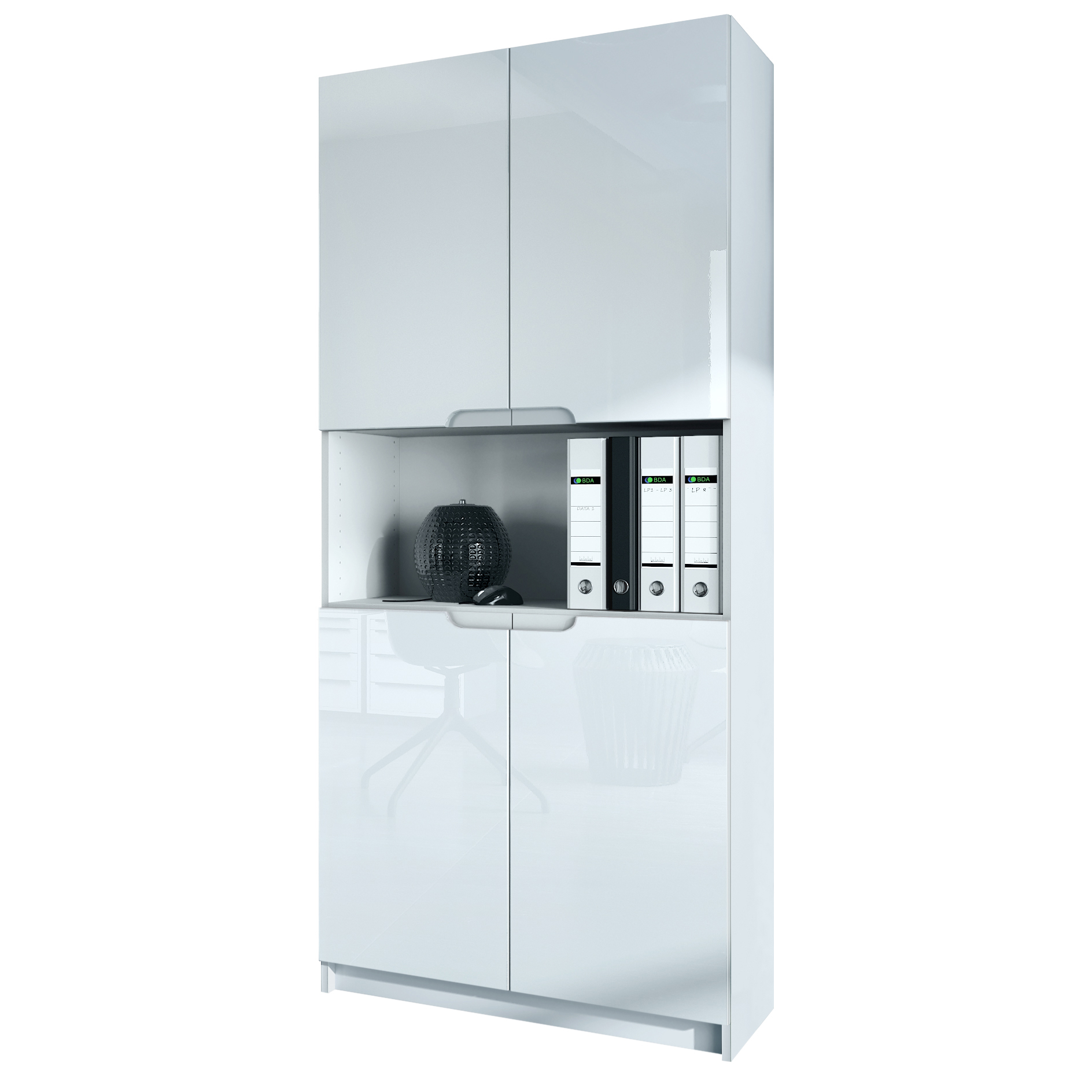 Büroschrank Logan V2 mit 5 Fächern und 4 Türen Weiß matt/Weiß Hochglanz (82 x 185 x 37 cm)