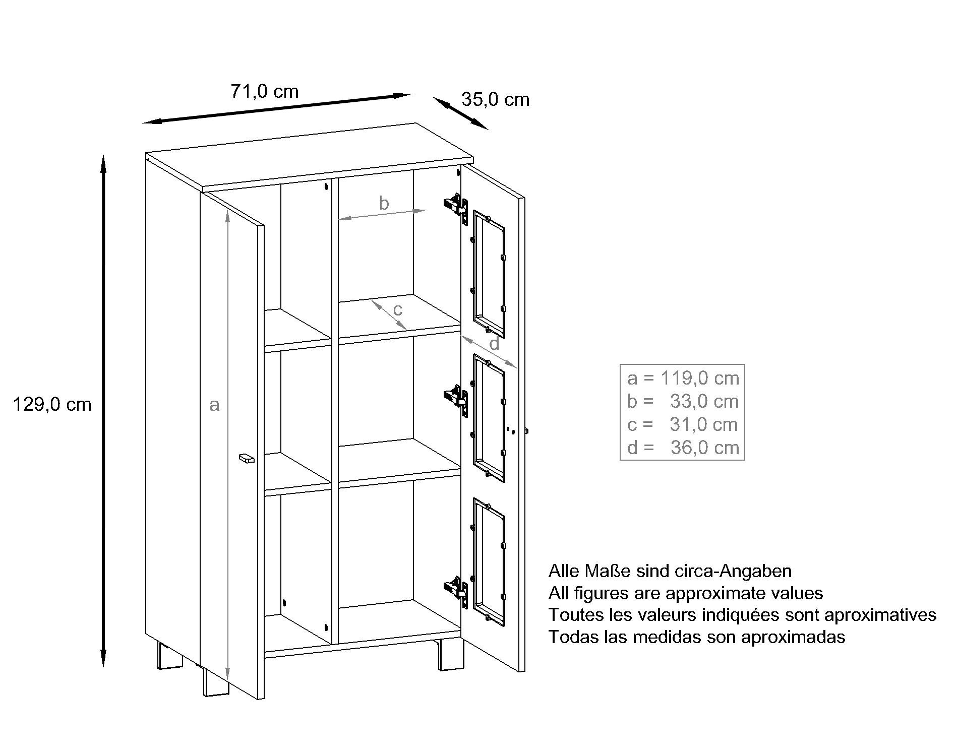 Vitrine Denjo  mit 2 Türen und 3 Glaseinsätzen Weiß matt/ Weiß Hochglanz/ Beton Oxid Optik (71 x 129 x 35 cm)