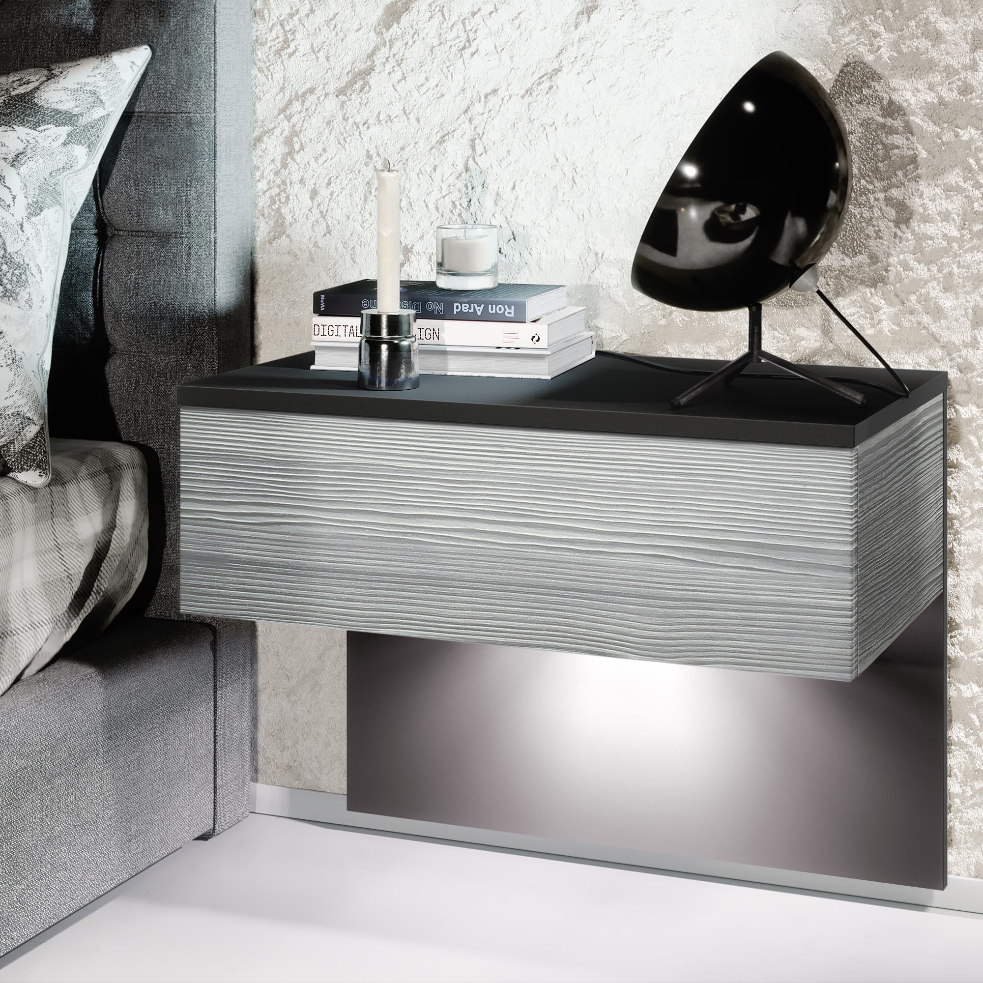 Nachttisch Sleep mit Schublade zur Wandmontage Schwarz matt/Avola-Anthrazit (60 x 46 x 35 cm)