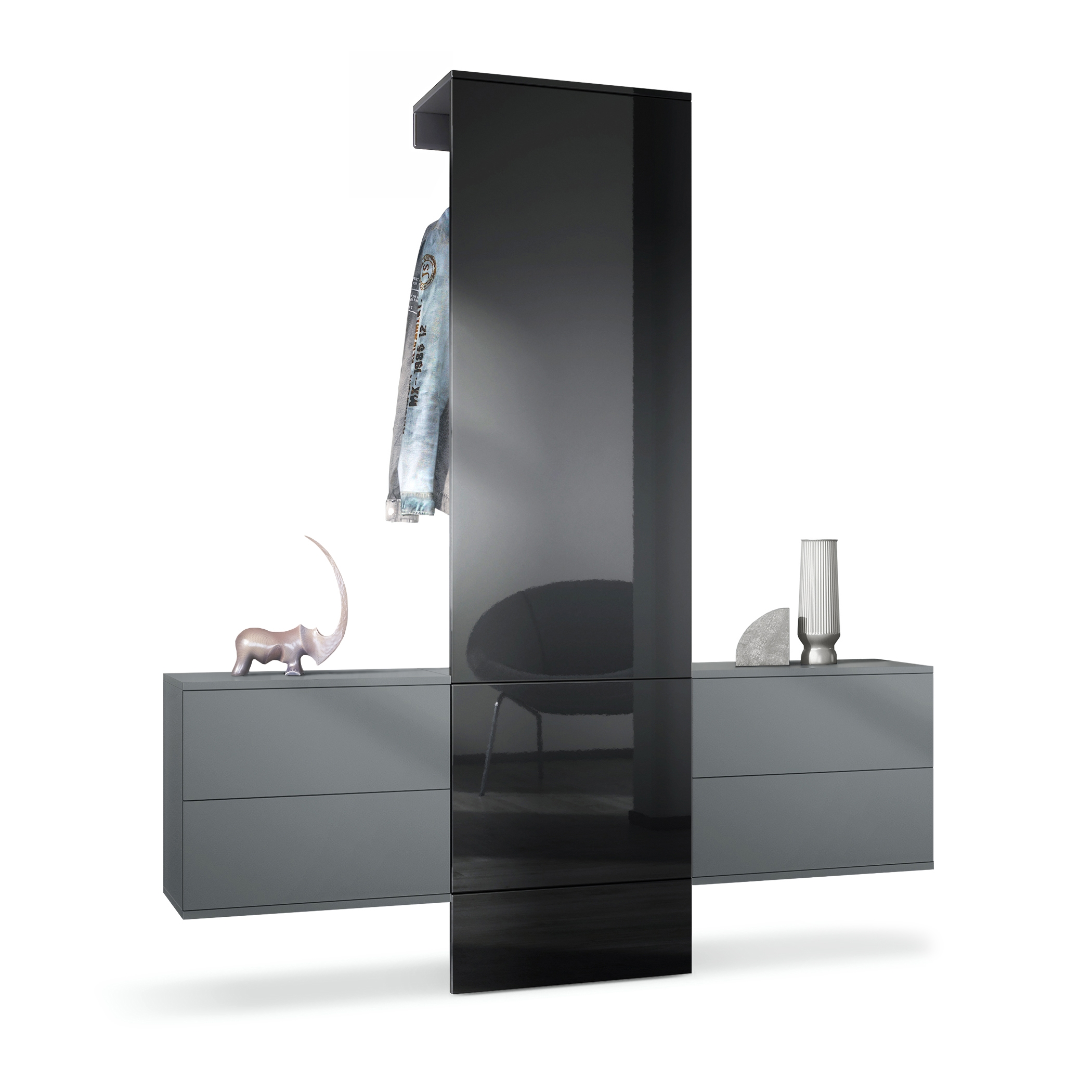 Garderobe Carlton Set 3 Anthrazit 4-tlg. 1 Paneel und 2 Schubkastenschränke Anthrazit matt/Schwarz Hochglanz (157 x 193 x 35 cm)