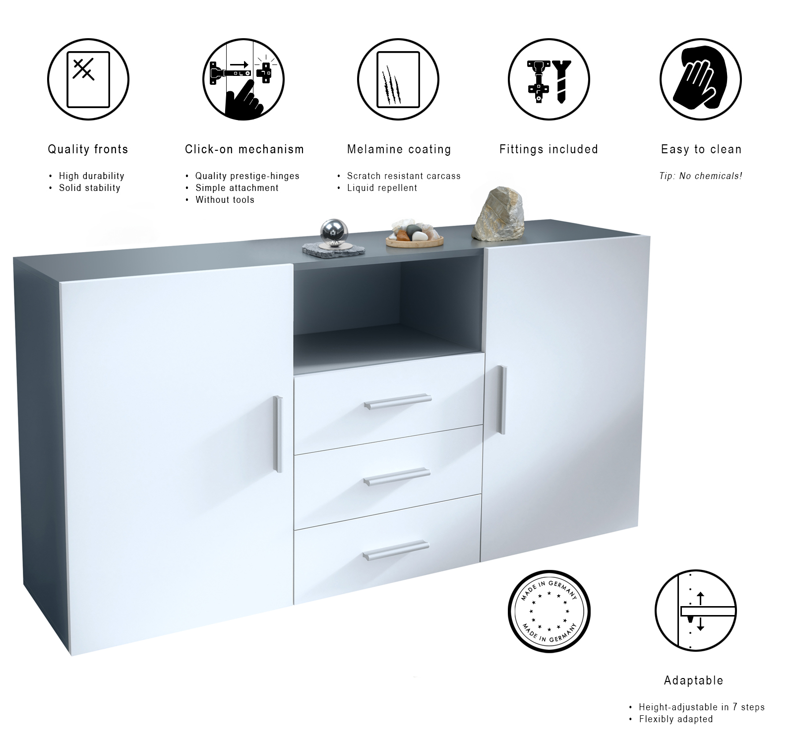 Skadu Sideboard Anthrazit mit 2 Türen, 3 Schubladen und 1 offenem Fach Anthrazit matt/Weiß matt (138,5 x 71,5 x 35 cm)